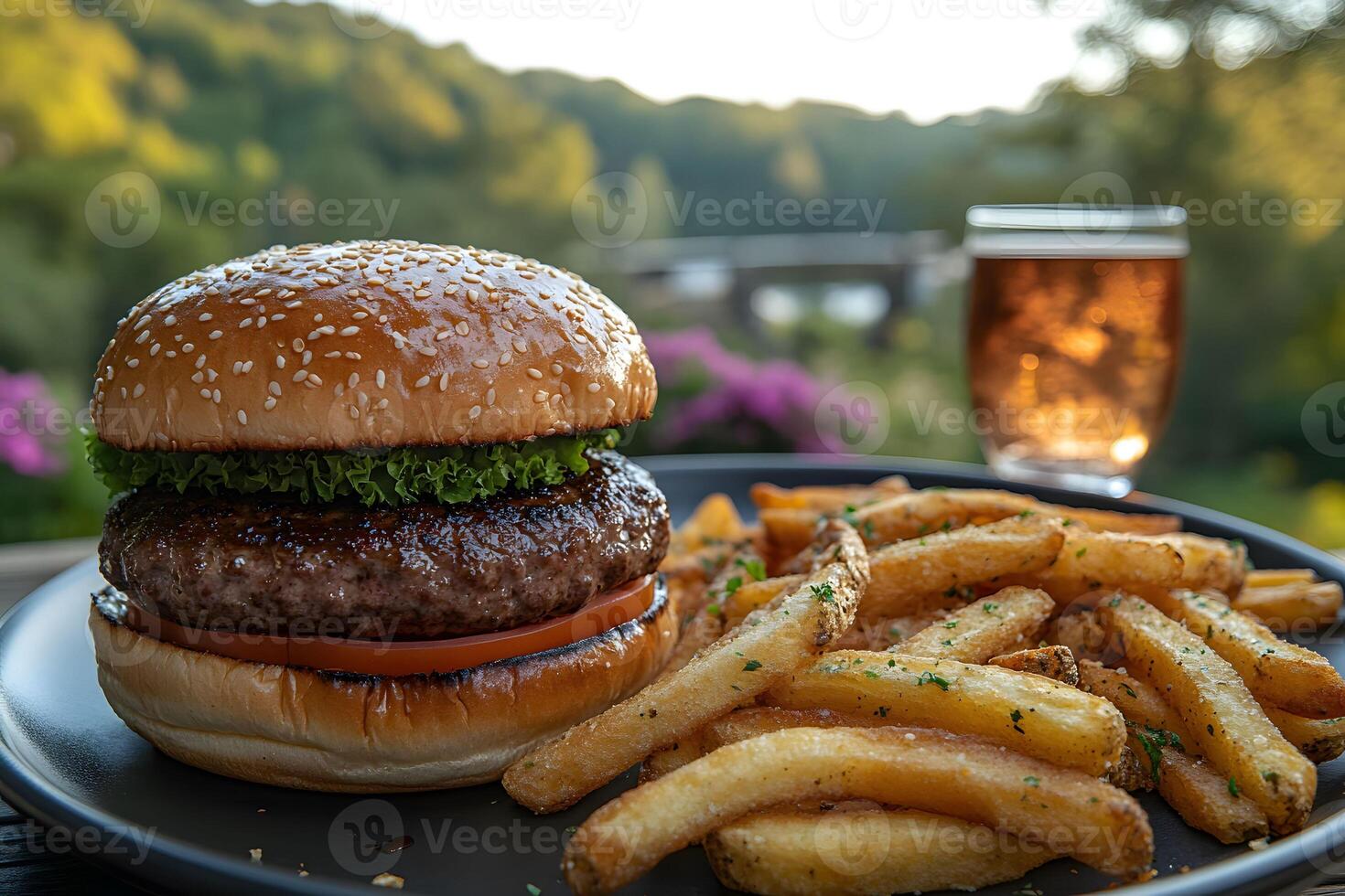 Gourmet Burger and Fries with Refreshing Drink in Scenic Outdoor Setting photo