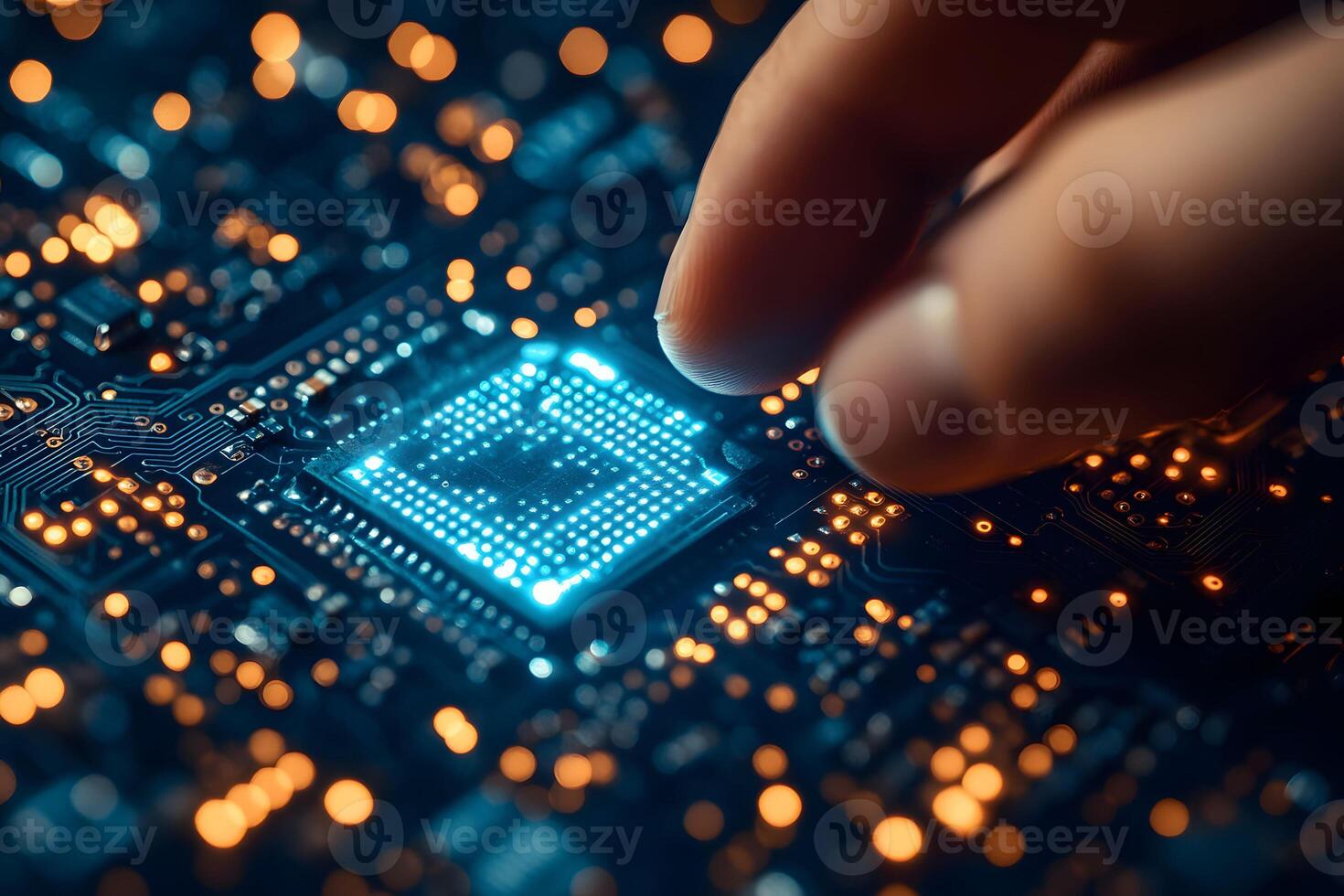 Futuristic Technology and Innovation - Glowing Microchip Circuitry Design for Digital Advancements photo
