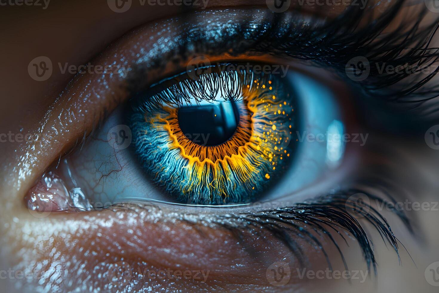 Close-Up of a Vivid Eyeball with Detailed Iris Patterns in Bright Colors for Science and Art Concepts photo