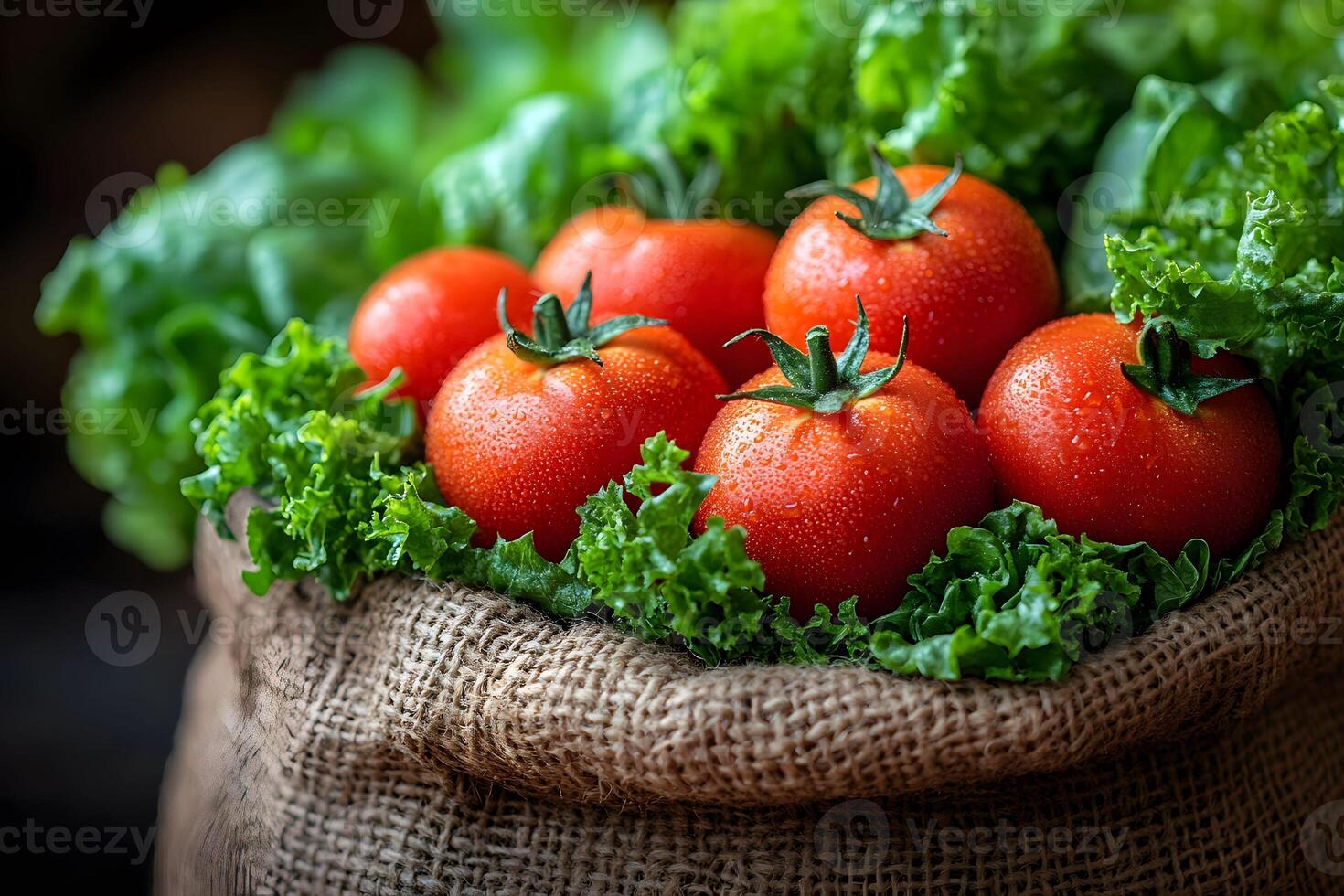Fresh Tomatoes and Leafy Greens in a Rustic Jute Bag for Farm-to-Table Concept photo