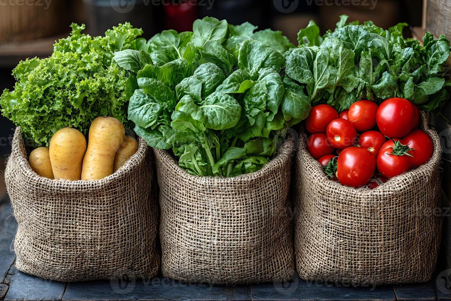 Fresh Harvest Vegetables in Burlap Sacks - Organic Market Display for Farm-to-Table Concepts photo