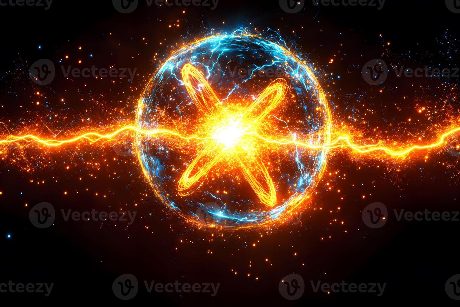 Futuristic Energy Sphere with Electric Plasma and Atomic Symbols for Science Design photo