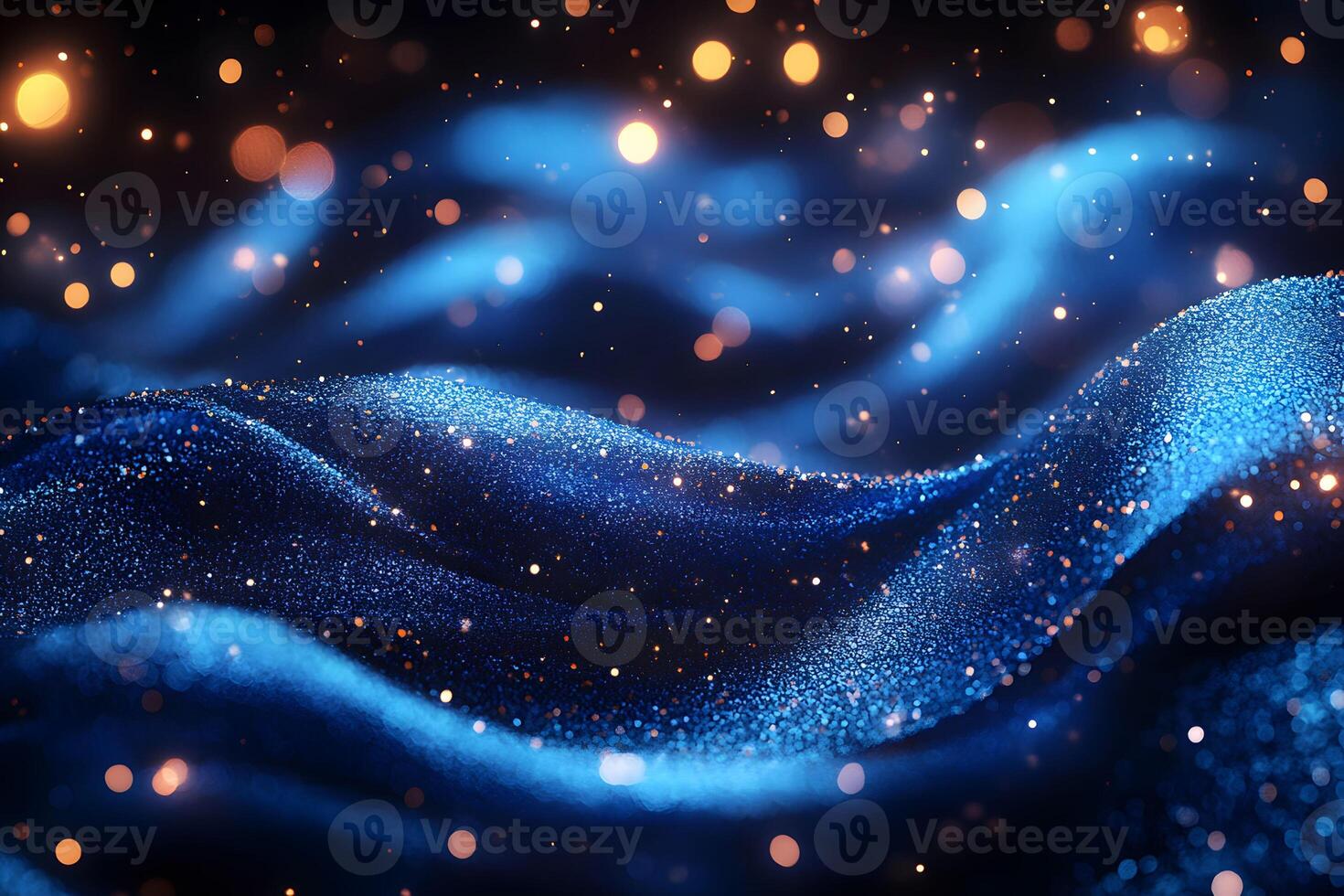 Abstract Blue Glittering Waves with Bokeh Lights for Festive Background Design photo