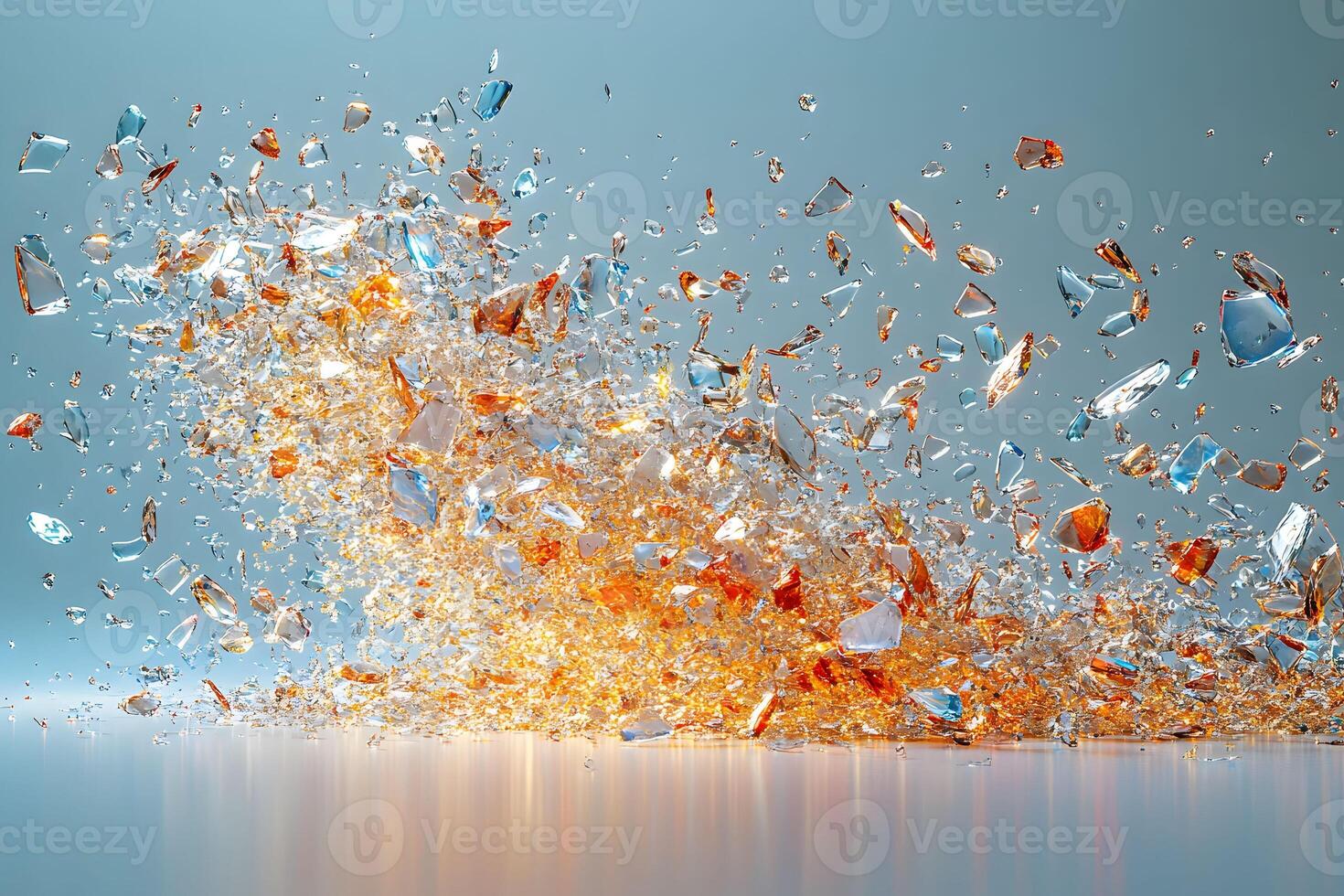 Exploding Glass Shards with Vibrant Orange and Blue Reflections for Dynamic Design photo