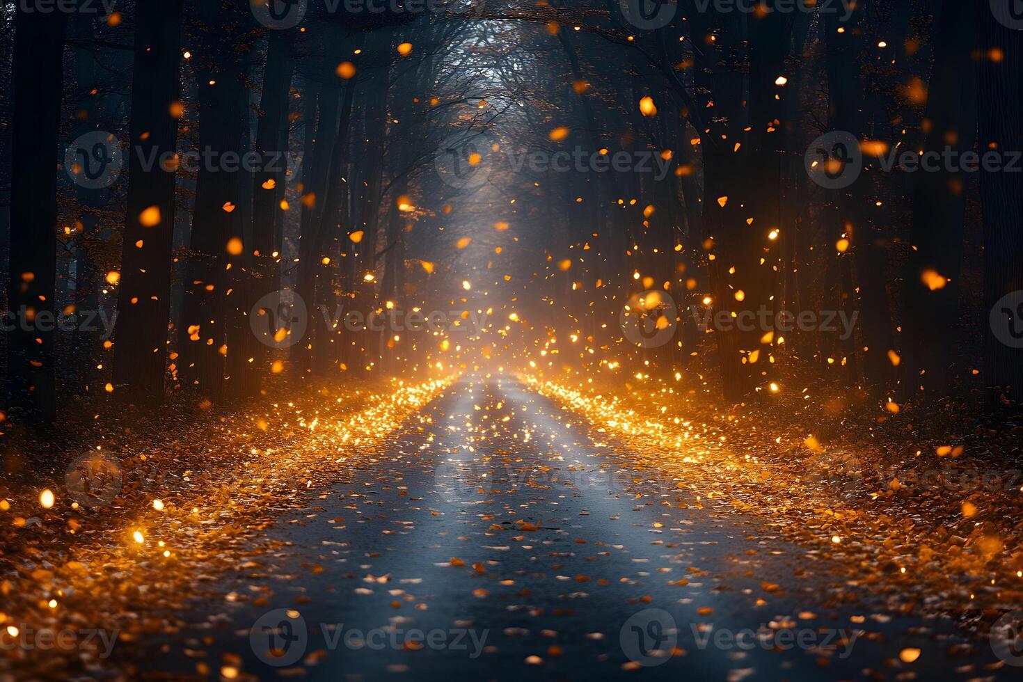 Enchanted Autumn Forest Road with Magical Illuminated Leaves photo