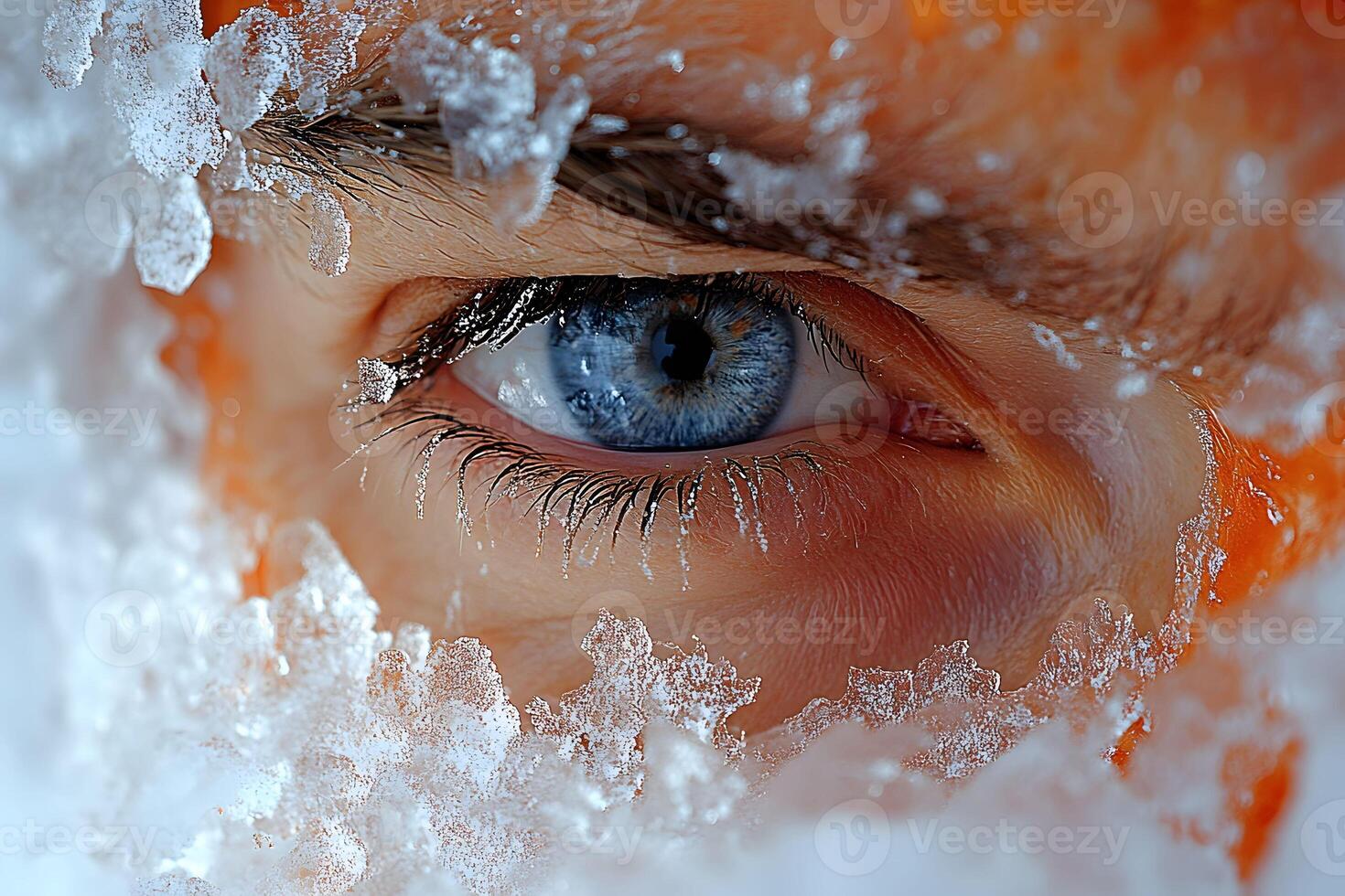 Close-Up of Blue Eye Amidst Ice and Snow Winter Concept for Seasonal Design photo