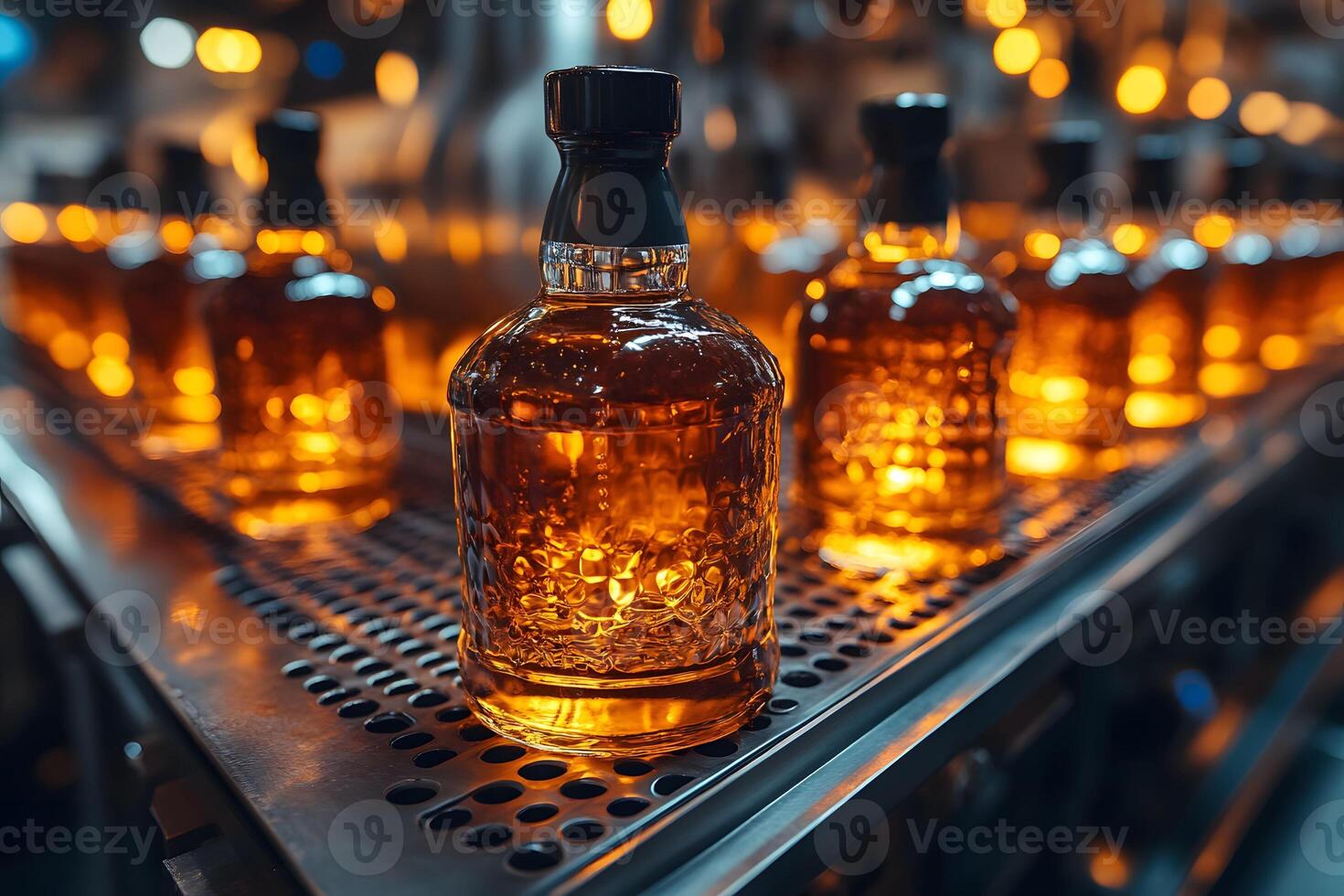 Whiskey Bottling Process in Distillery Warehouse with Glowing Ambiance photo