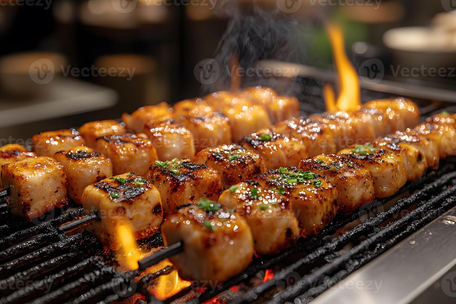 Grilled Scallop Skewers with Herbs on a Flaming Barbecue Grill for Culinary Projects photo
