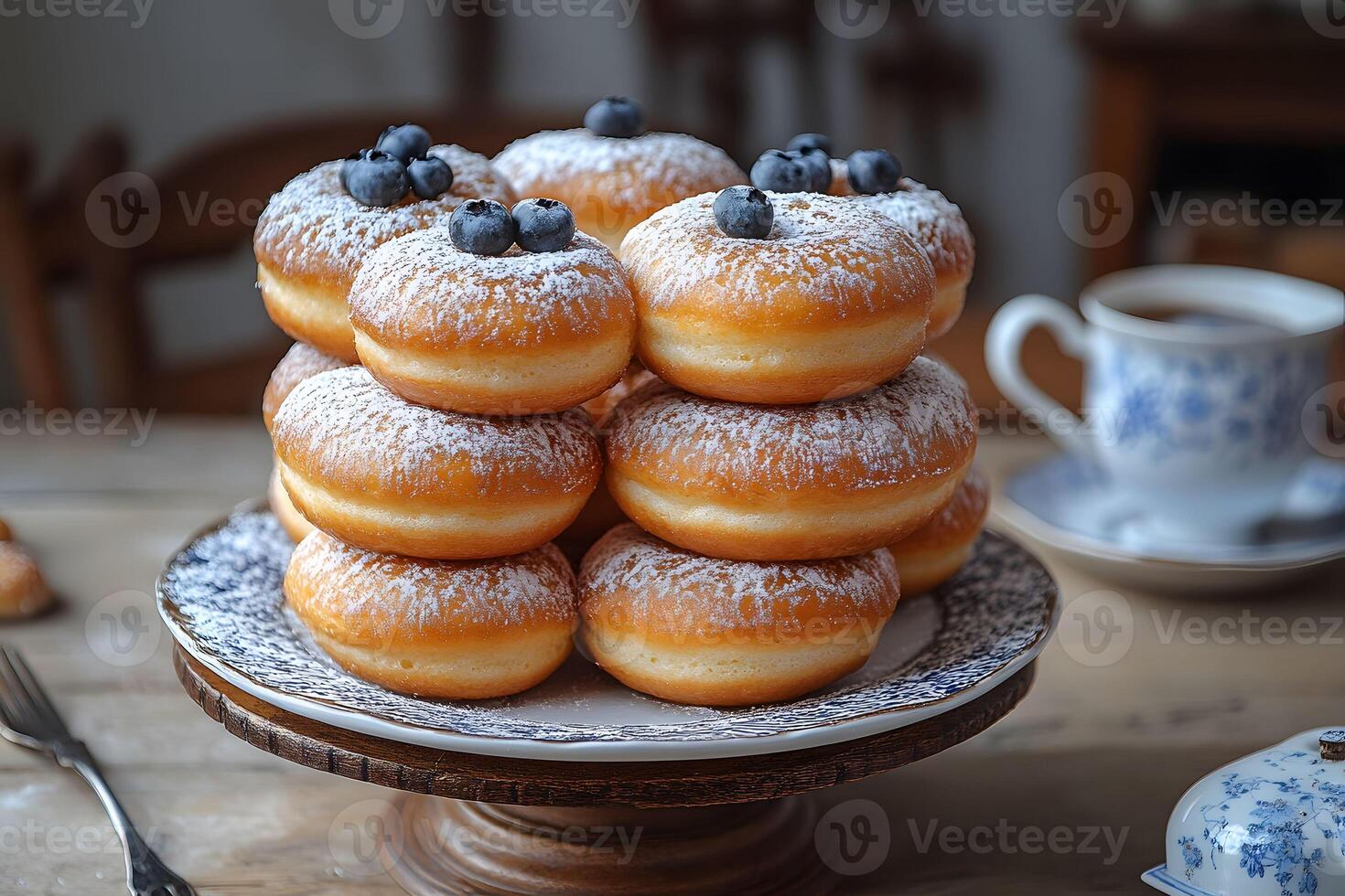Stack of Blueberry Powdered Donuts on Wooden Stand for Cozy Breakfast Setting photo