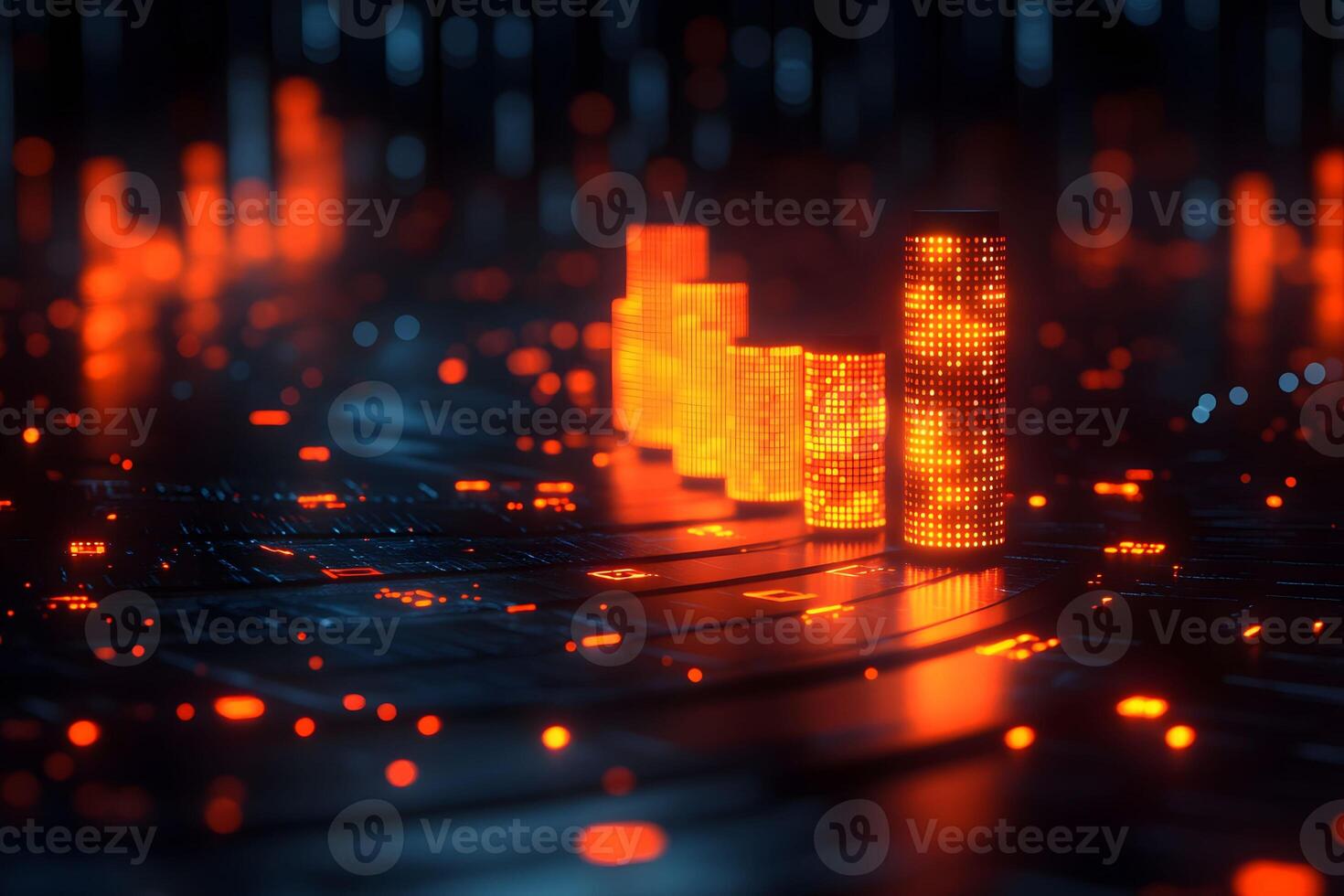 Futuristic Digital Circuit with Glowing Orange Data Columns for Technology Design photo
