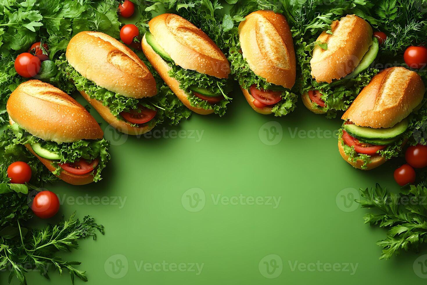 Fresh Vegetarian Sandwiches with Lettuce and Tomatoes on Green Background photo