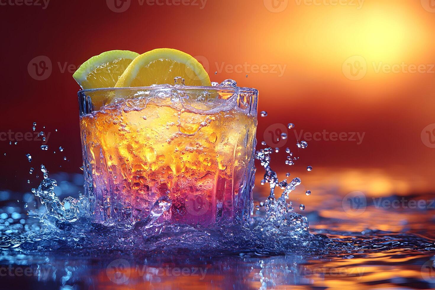 Refreshing Summer Citrus Cocktail Splashing at Sunset for Beverage Design photo