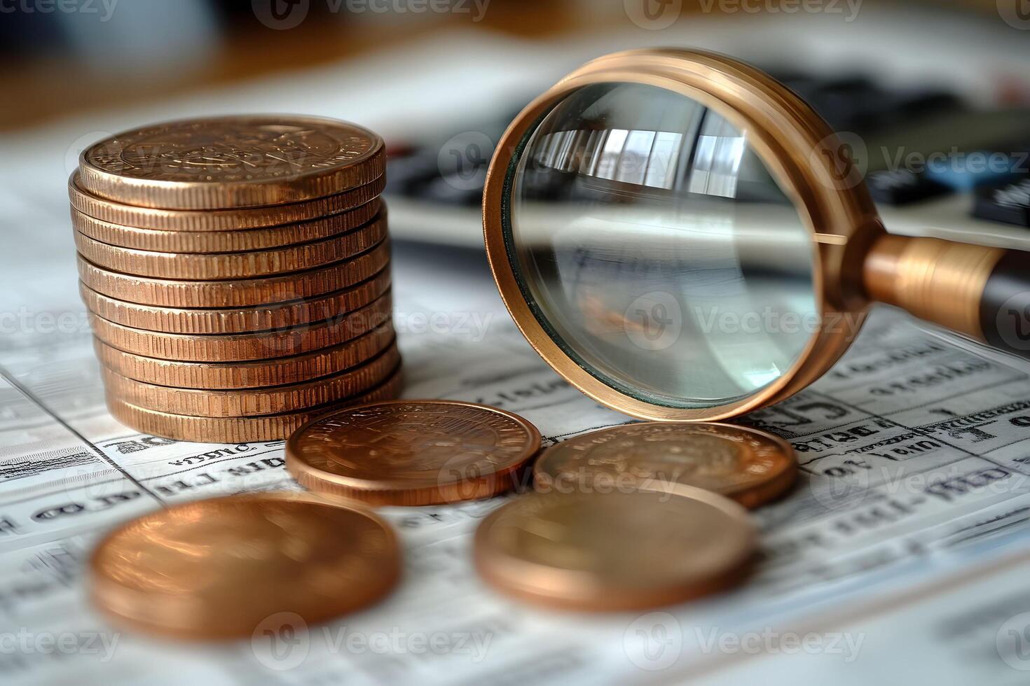Financial Analysis Concept with Coins and Magnifying Glass for Economic Research Design photo