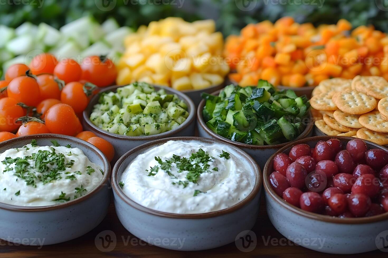 Vibrant Assorted Appetizers with Dips and Fresh Vegetables for Summer Gatherings photo
