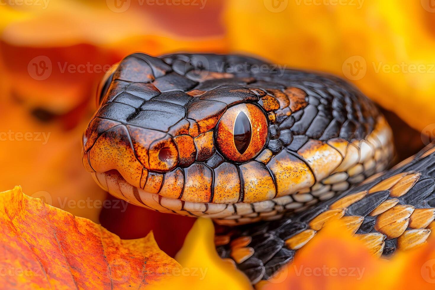 Vibrant Snake Among Autumn Leaves - Nature and Wildlife Photography for Prints photo