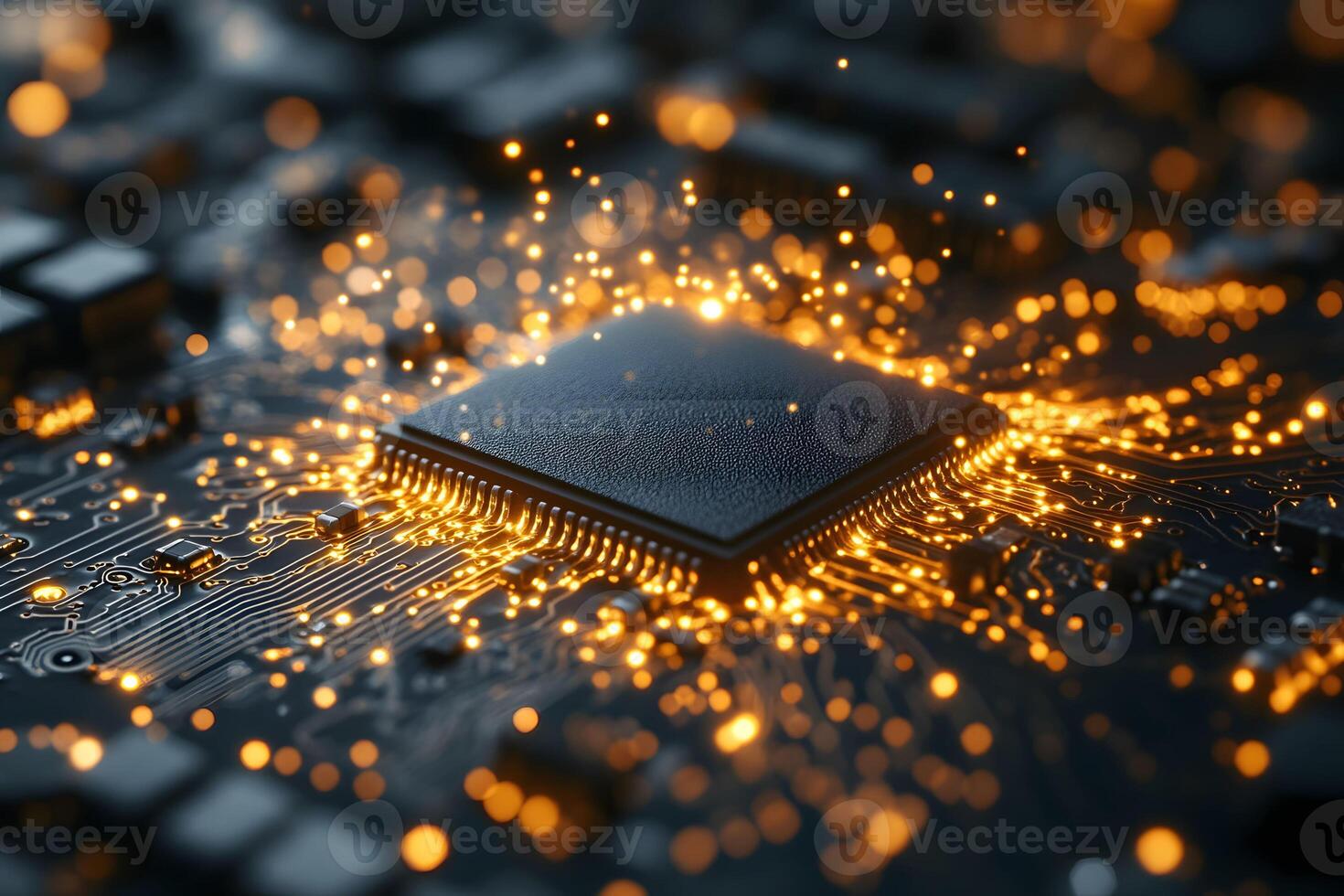 Futuristic Circuit Board with Glowing Microchip for Advanced Technology Concepts photo
