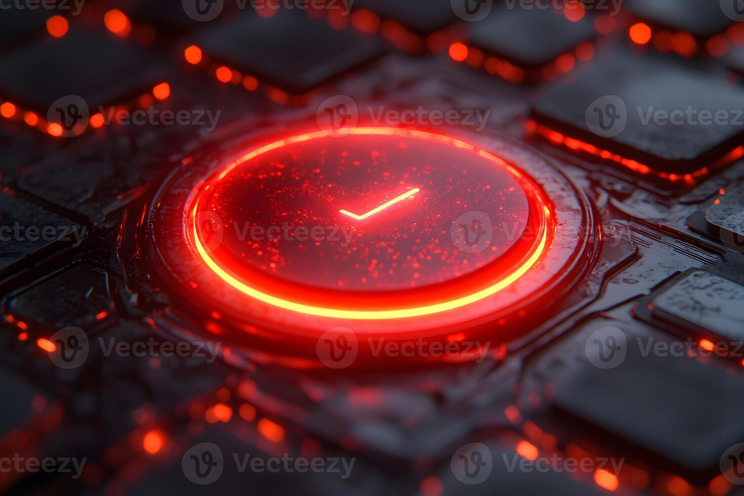 Futuristic Glowing Red Checkmark Button on Dark Tech Keyboard for Digital Interfaces photo