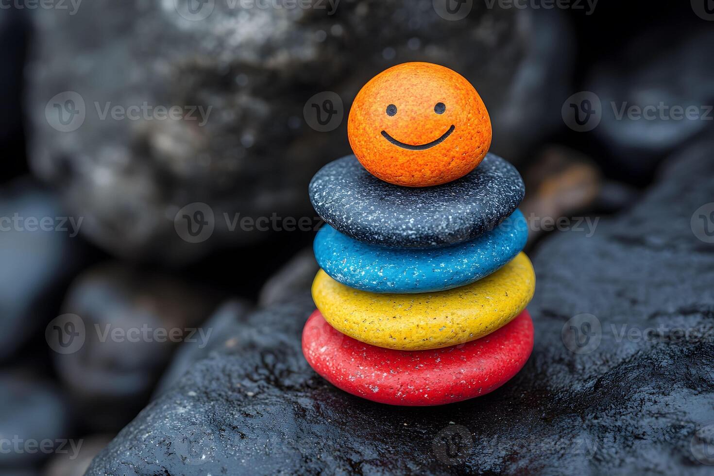 Colorful Smiling Stones Balance on Black Rocks - Concept of Positivity and Balance photo