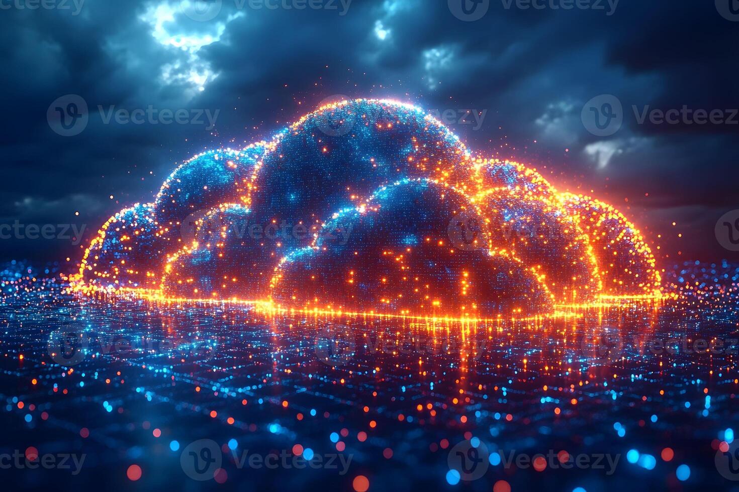 Futuristic Cloud Computing Technology Concept with Neon Lights for Digital Transformation photo