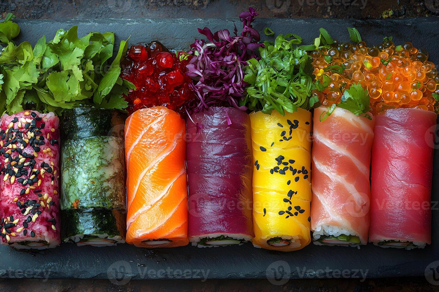Colorful Assorted Sushi Rolls with Fresh Ingredients and Garnishes for Culinary Presentation photo