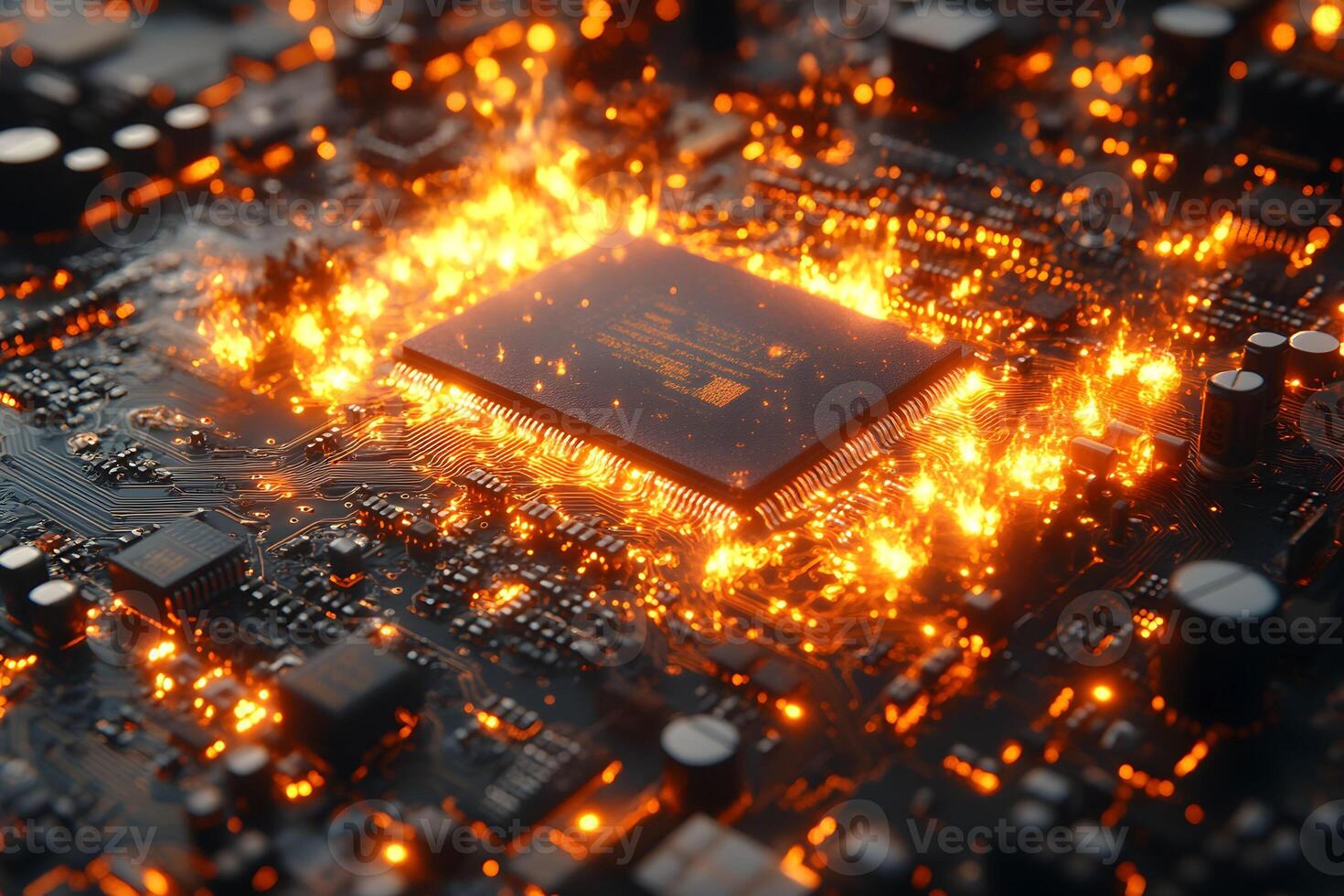 Futuristic Circuit Board with Glowing Microchip Highlighting Technology Innovation for Digital Design photo