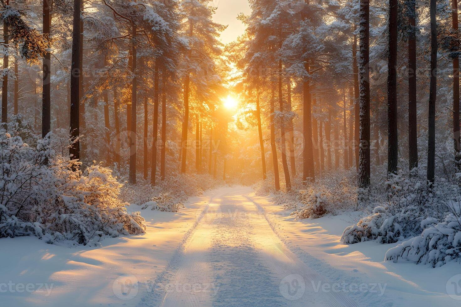 Tranquil Winter Sunrise in Snow-Covered Forest Path for Nature Print and Wall Art photo