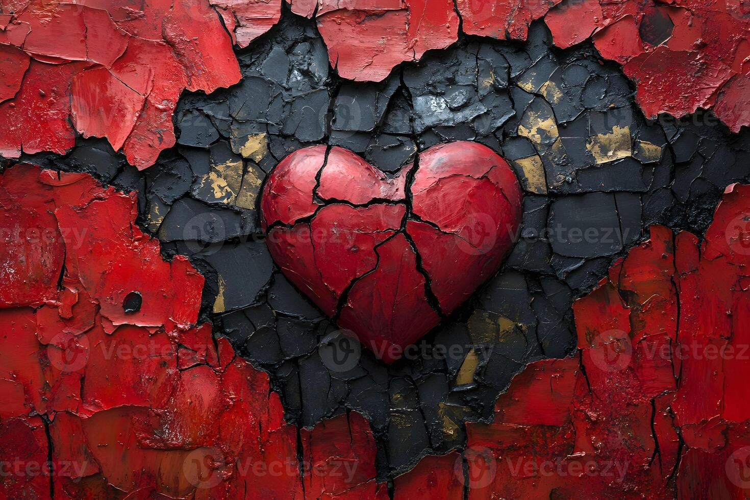 Symbolic Cracked Heart on Textured Red and Black Abstract Background photo