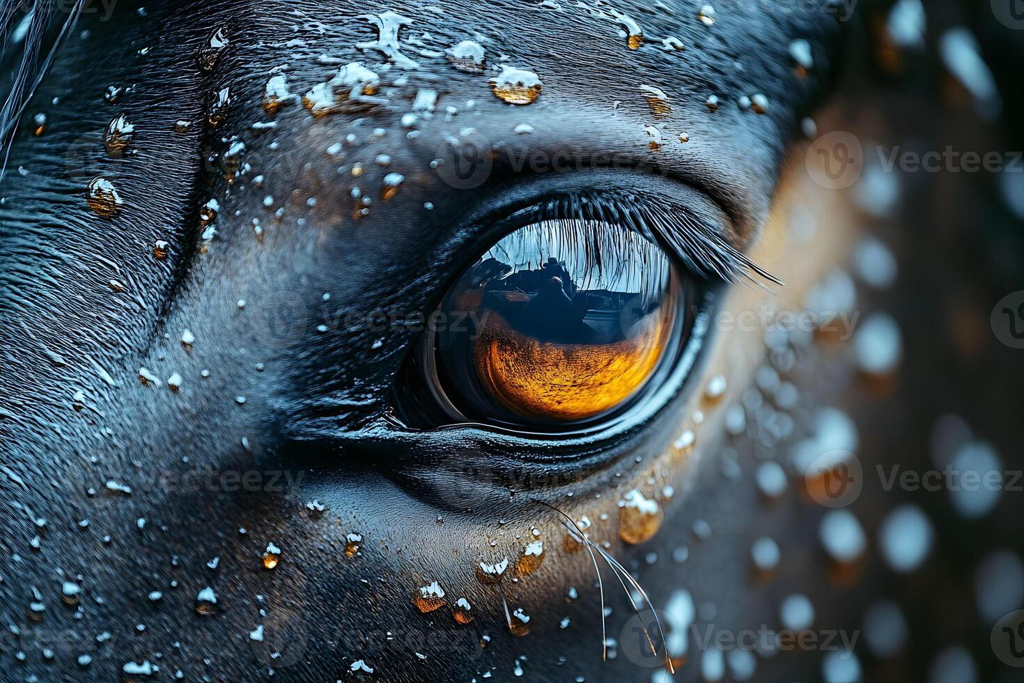 Macro Photography of Horse Eye with Rain Droplets - Nature and Reflections photo