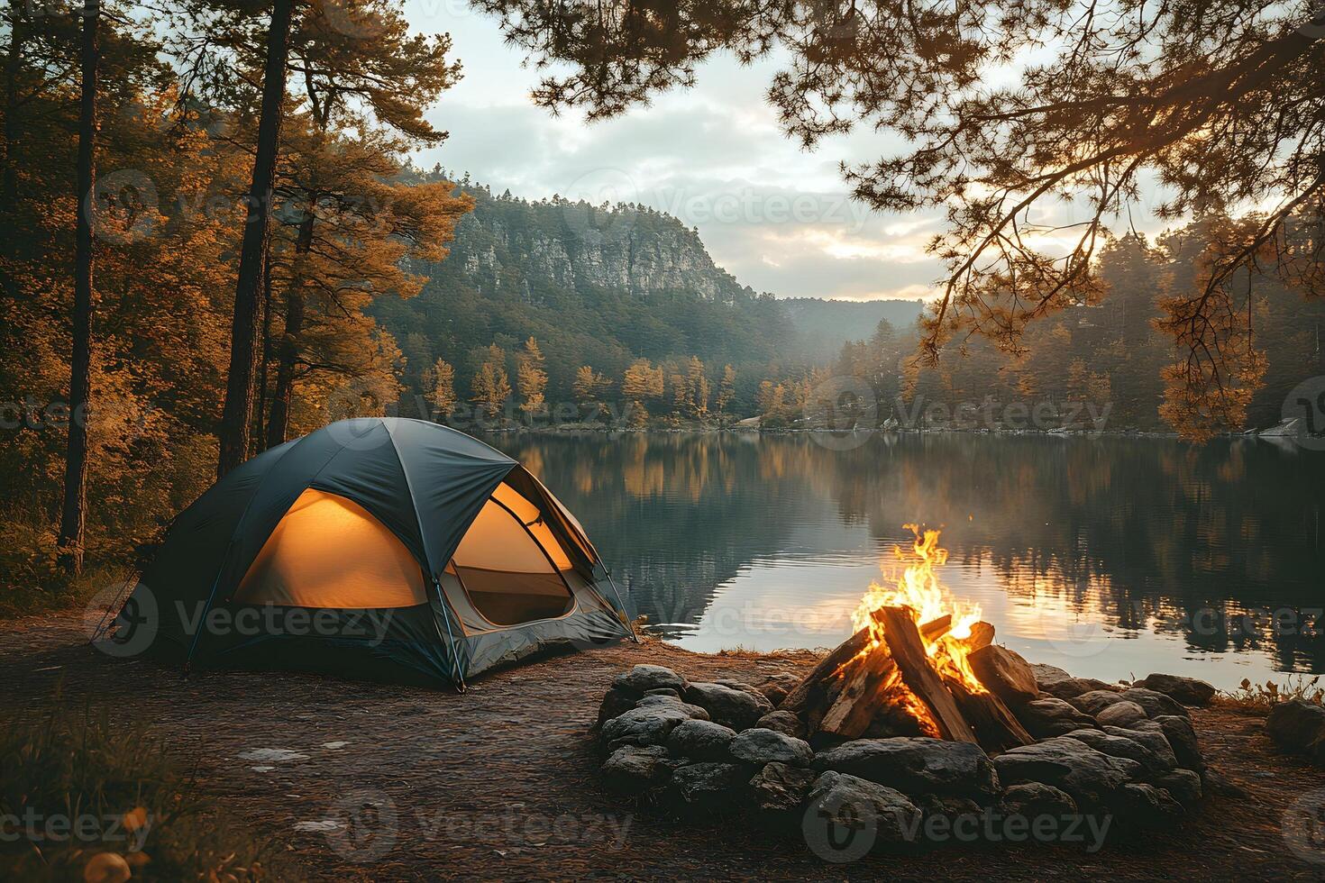 Tranquil Lakeside Camping Adventure at Sunset for Nature Enthusiasts and Outdoor Retreats photo