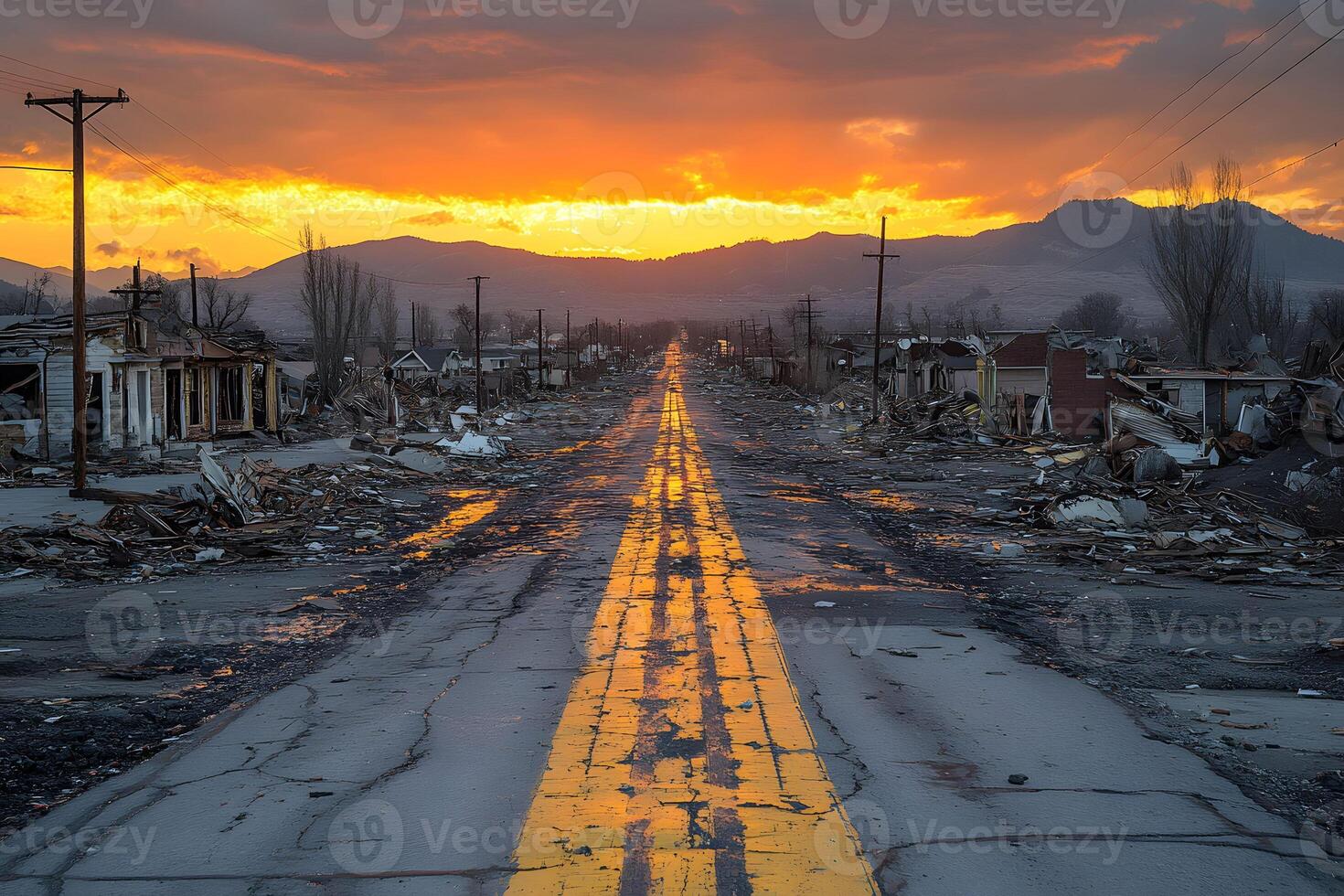 Sunset Over Abandoned Street Urban Decay and Renewal Stock Photo for Design, Poster, Print