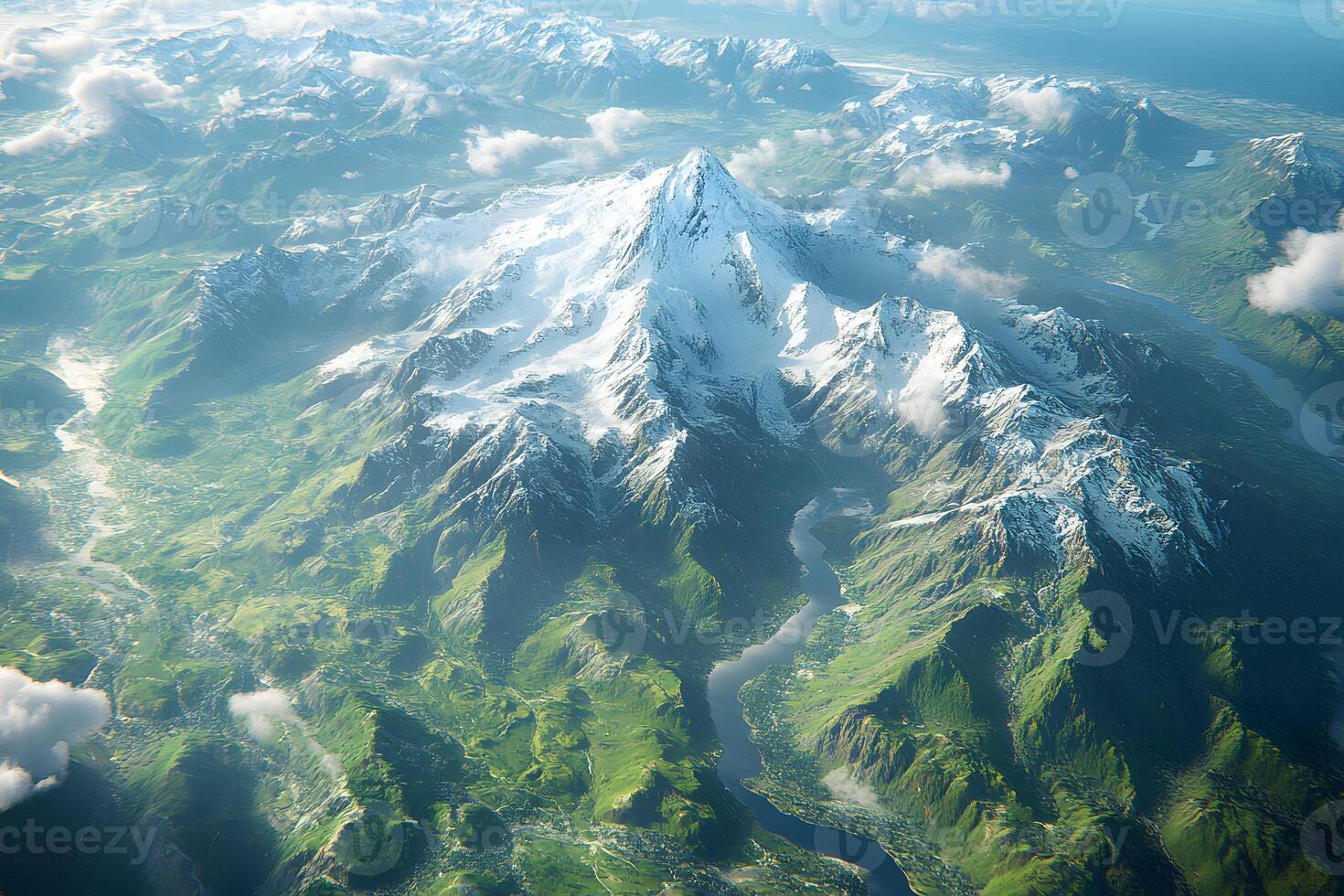 Majestic Snow-Capped Mountain Range with Lush Valleys and Serene Rivers photo