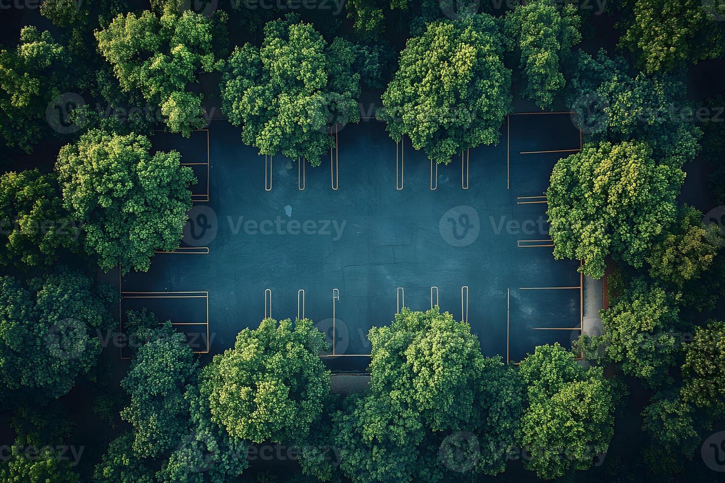 Empty Secluded Parking Lot Surrounded by Lush Green Trees in a Forested Area photo