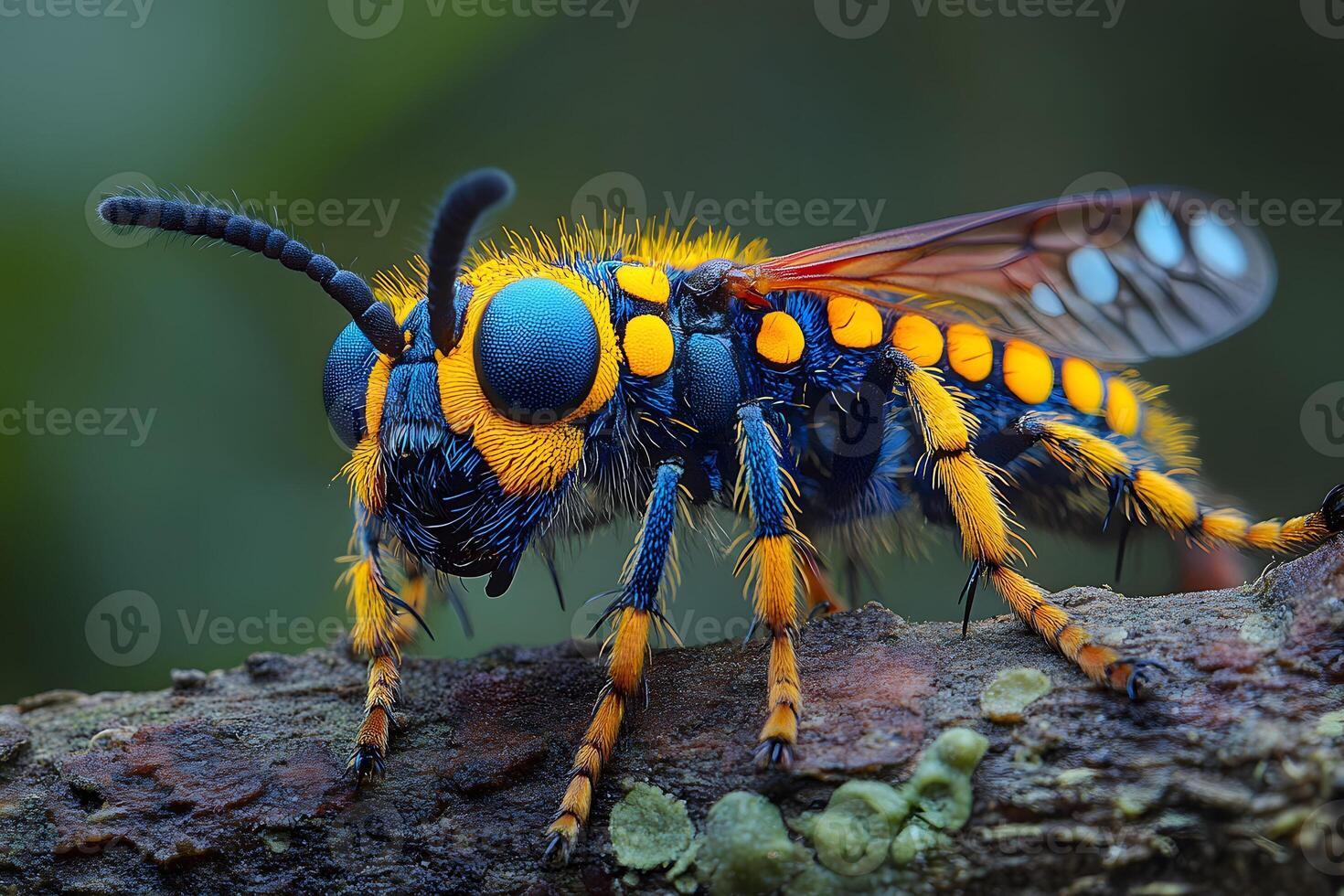 Vibrant Blue and Yellow Wasp on Branch - Macro Insect Photography for Nature Enthusiasts photo