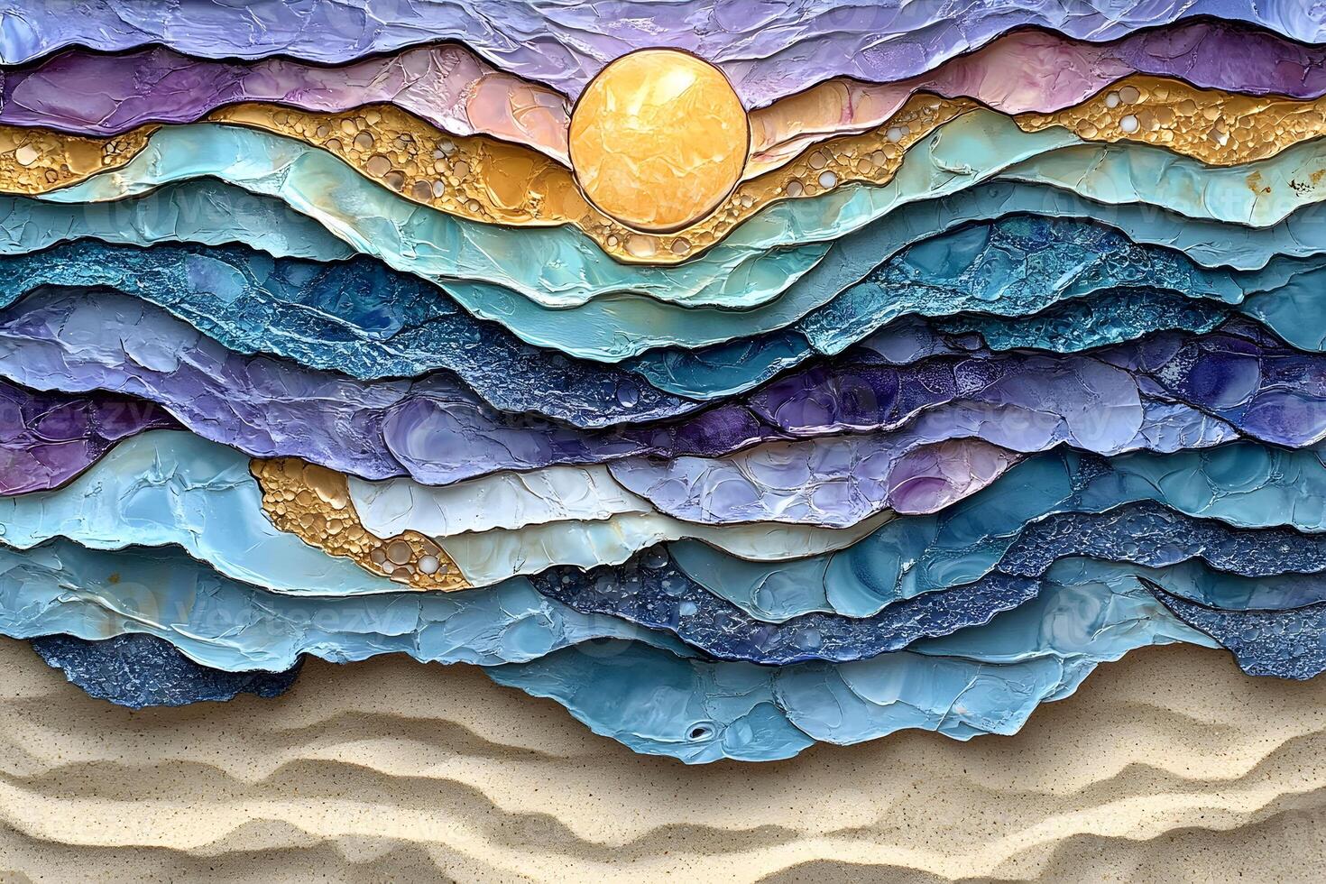 Abstract Ocean Waves and Sun Art with Textured Layering and Vibrant Colors for Creative Design photo