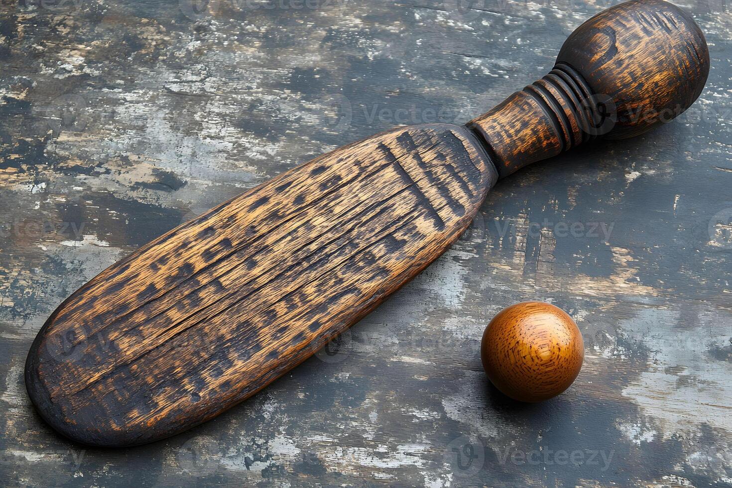 Rustic Wooden Paddle and Ball on Textured Surface for Vintage Decor or Game Design photo