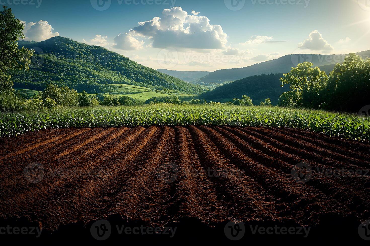 Idyllic Agricultural Landscape with Freshly Plowed Field and Rolling Hills at Dusk photo