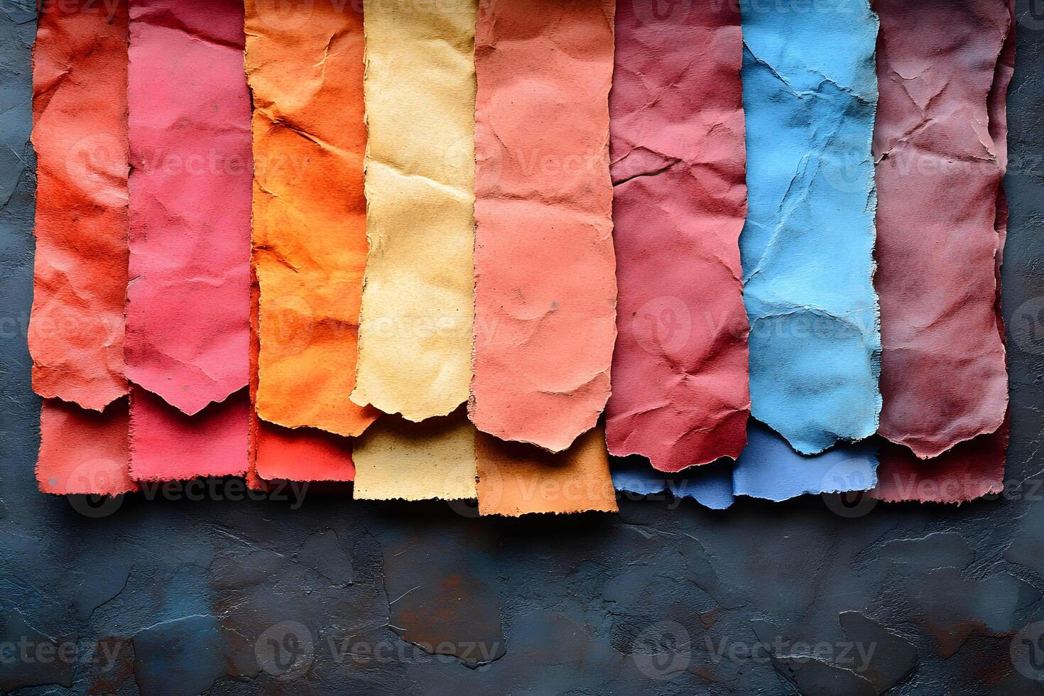 Colorful Torn Paper Strips on Textured Background for Artistic Design Projects photo