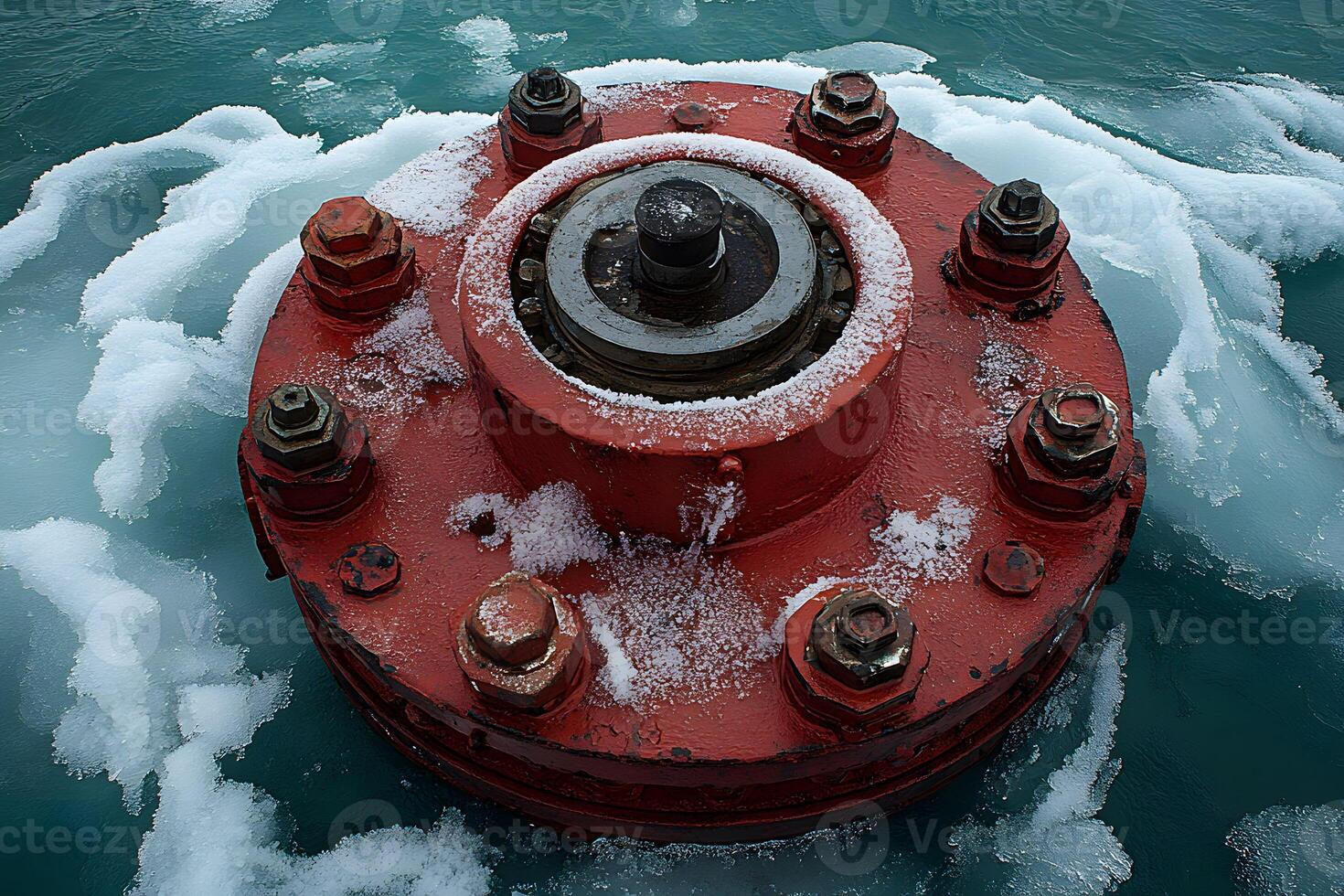 Industrial Frozen Valve in Icy Waters - Winter Engineering Concept for Safety and Maintenance photo