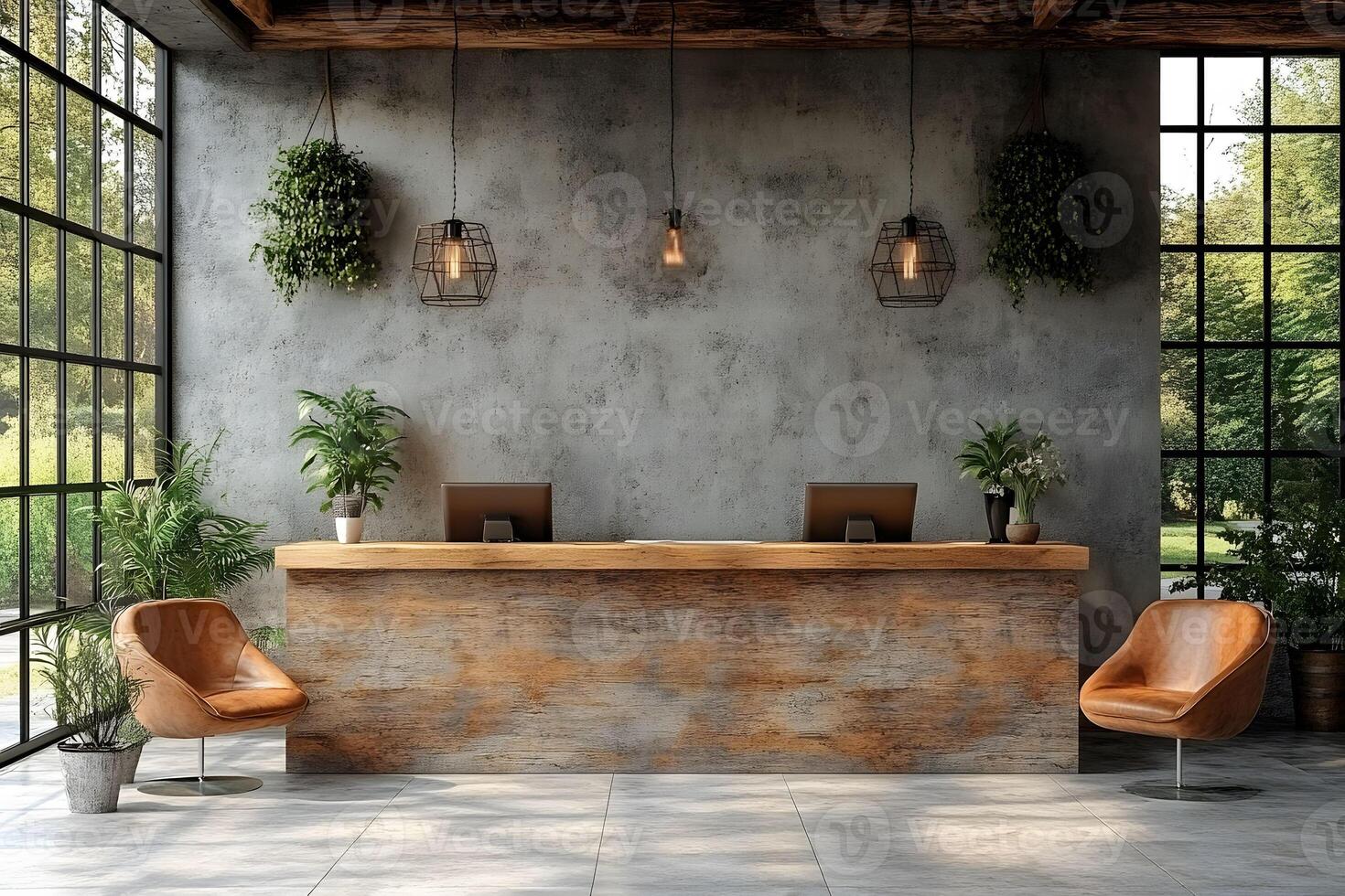 Modern Hotel Lobby Interior Design Featuring Rustic Elements and Indoor Plants photo