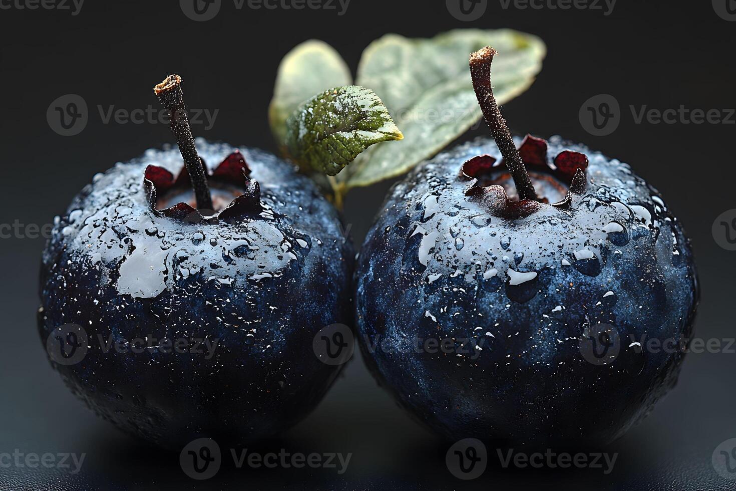 Close-Up of Fresh Dew-Kissed Blueberries with Leaf on Dark Background for Print Design photo