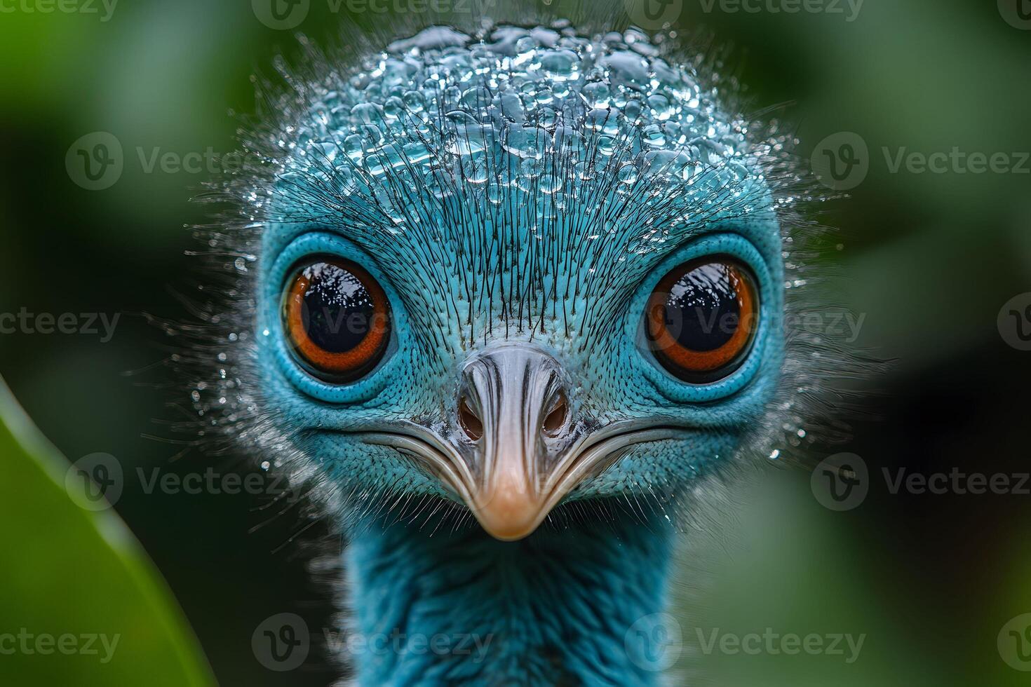 Close-Up of a Vibrant Blue Bird with Dew-Drop Adorned Feathers for Nature Photography photo