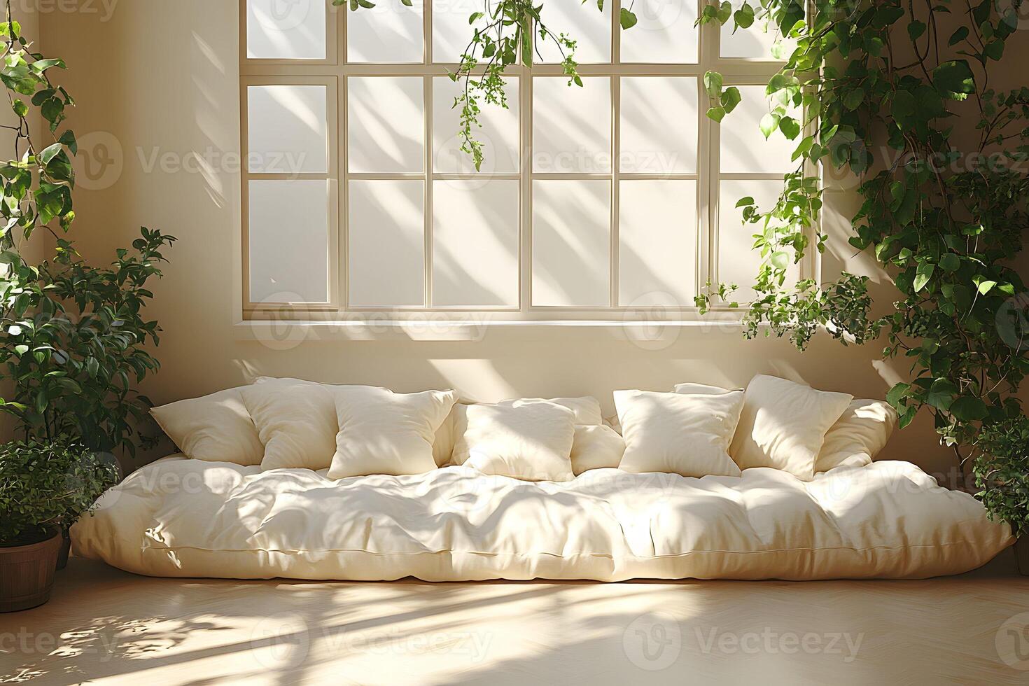 Cozy Sunlit Reading Nook with Lush Greenery and Soft Cushions in Serene Interior Design photo