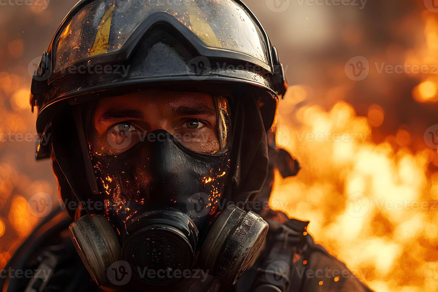 Brave Firefighter in Action Amidst Blazing Flames - Emergency Response Safety Concept photo