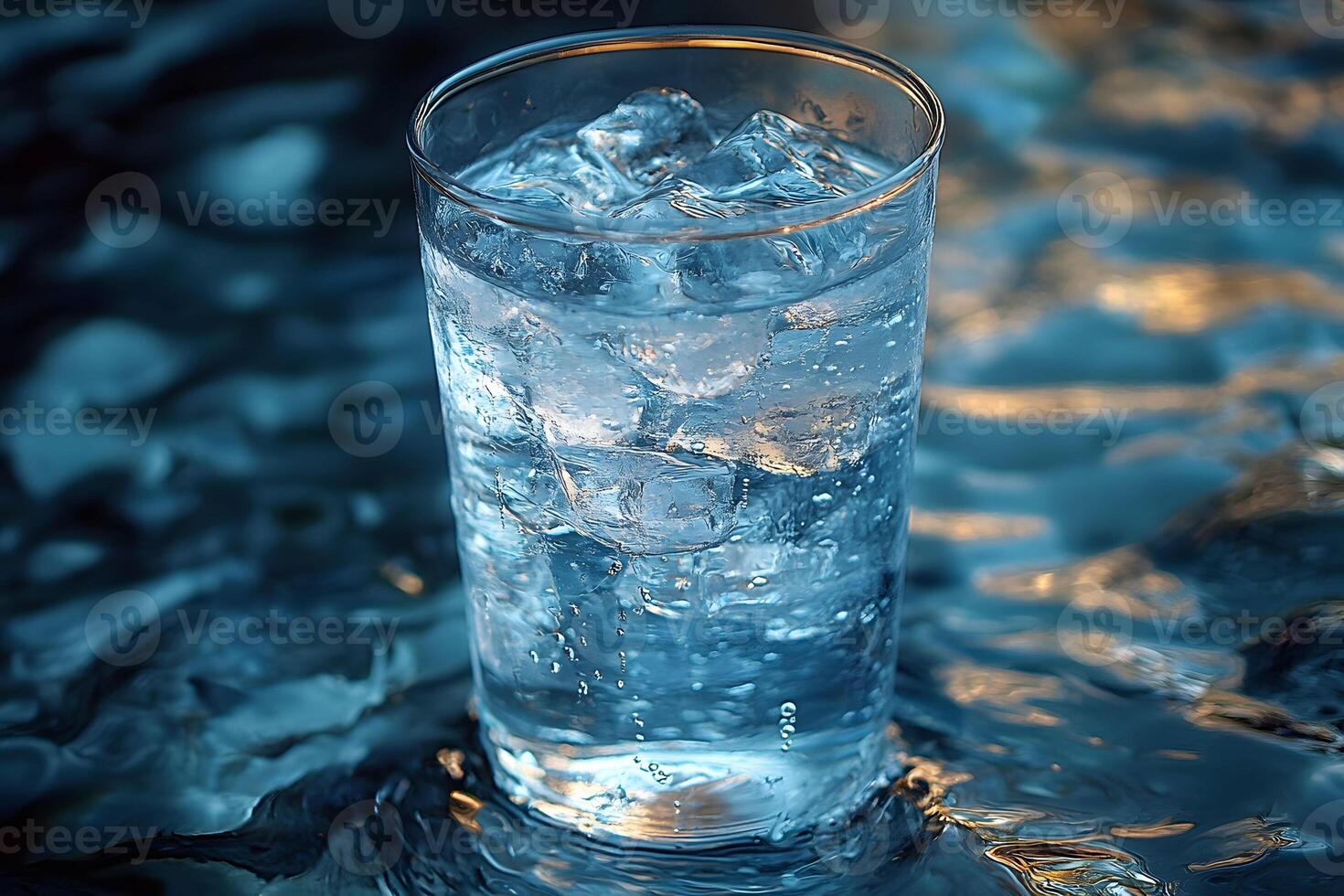 Refreshing Glass of Icy Water with Ice Cubes in a Cool Blue Setting for Beverage Advertising photo