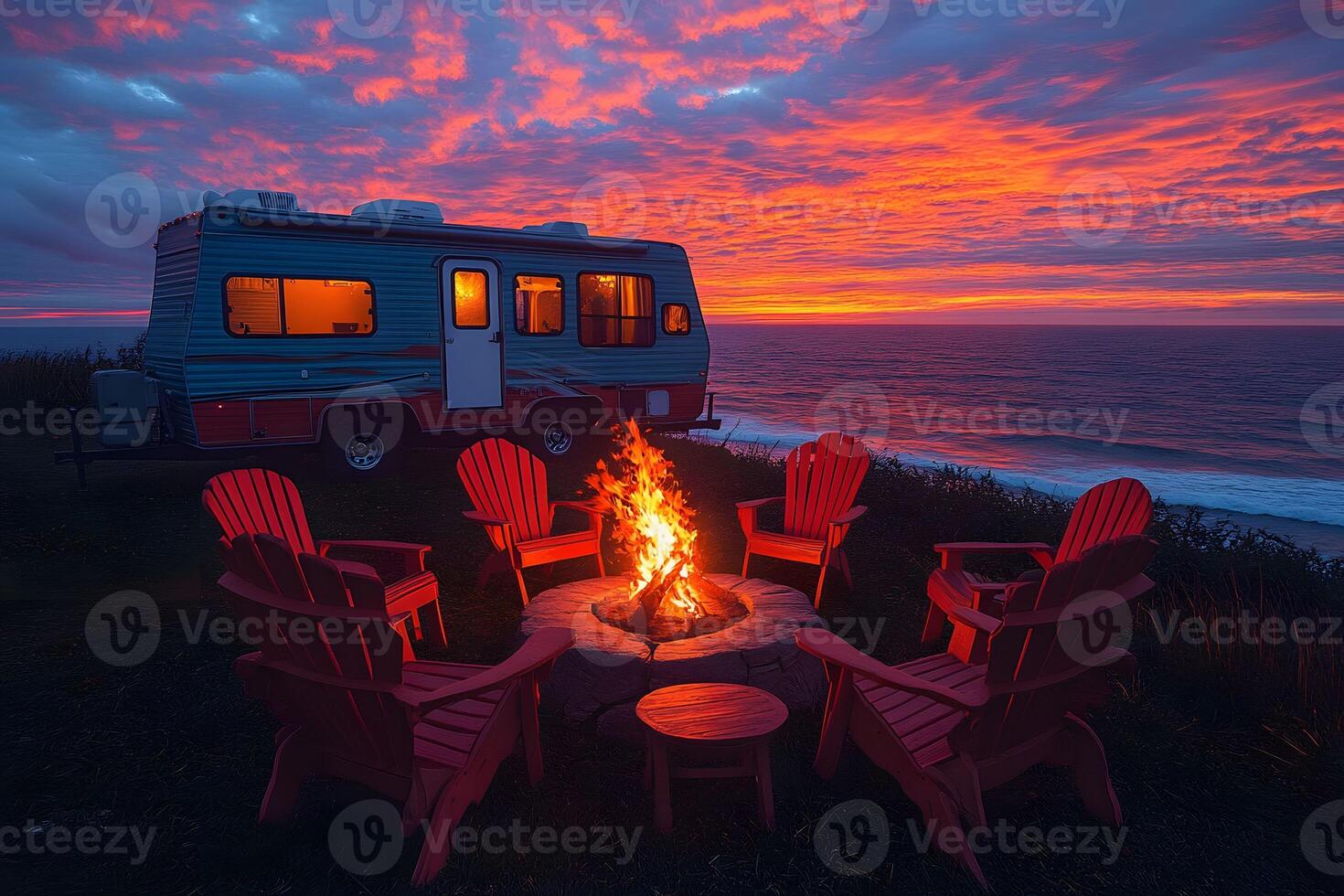 Coastal Sunset Camping with Camper and Firepit for Relaxation and Adventure photo
