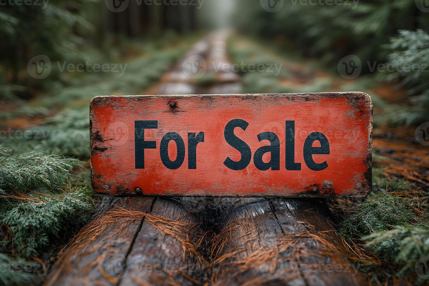 Rustic 'For Sale' Sign on Forest Pathway - Real Estate and Nature Concept Design photo