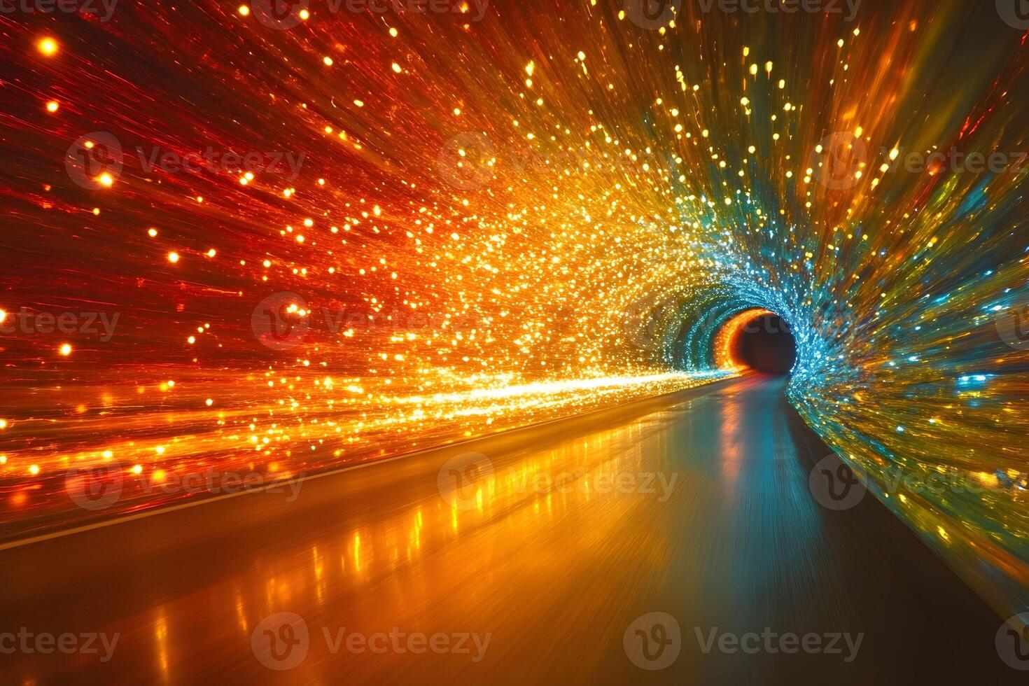 Vibrant Light Tunnel with Multicolored Streaks Creating Dynamic Energy and Motion photo