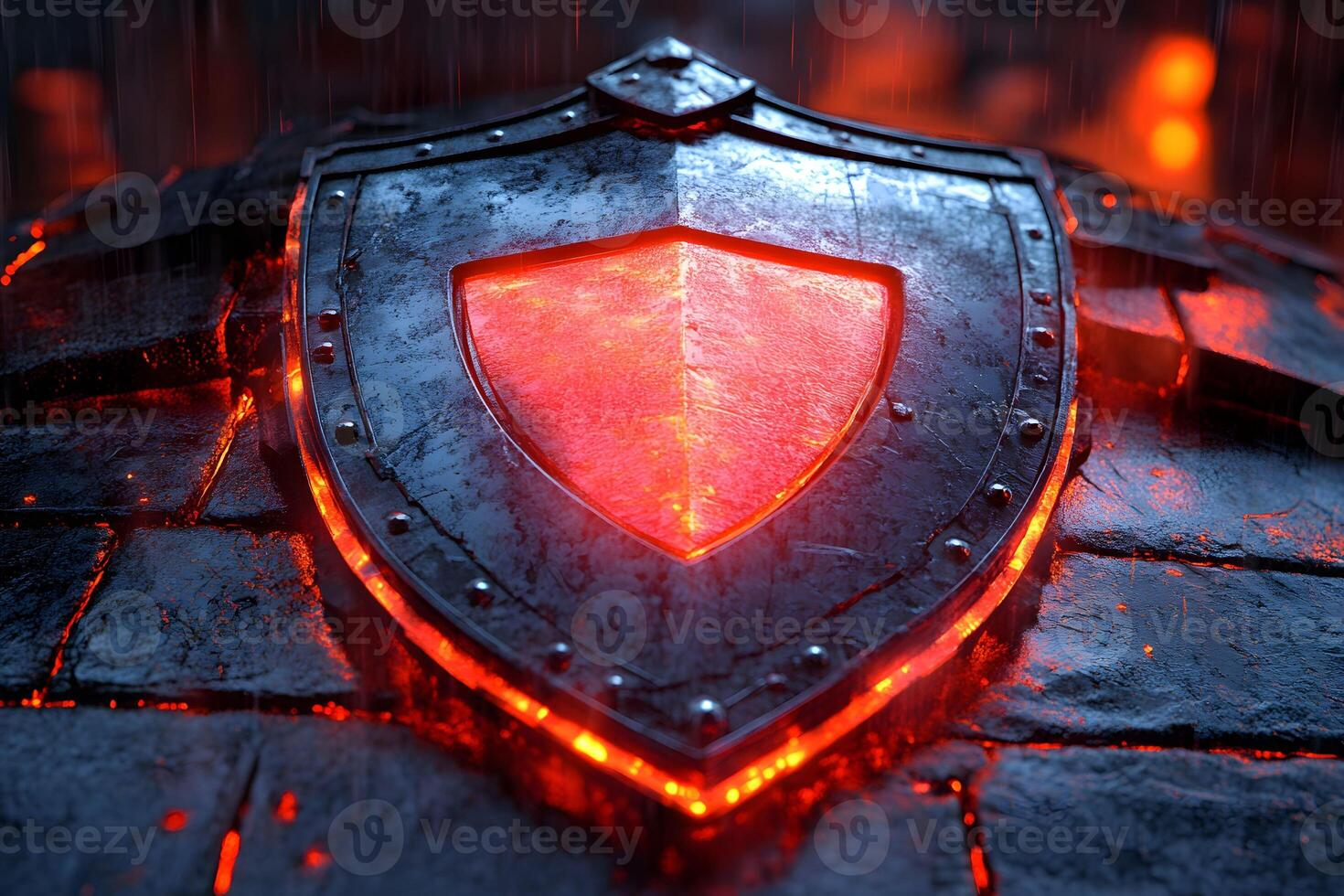 Glowing Shield with Neon Outline on Brick Wall - Futuristic Security Concept photo