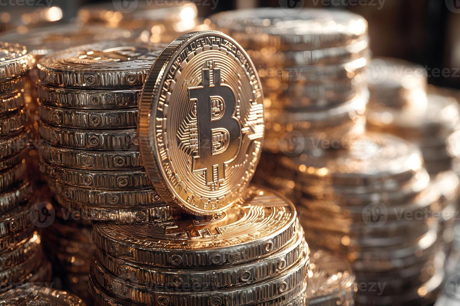 Cryptocurrency Wealth Concept with Stacks of Shiny Bitcoin Coins for Finance and Investment Themes photo