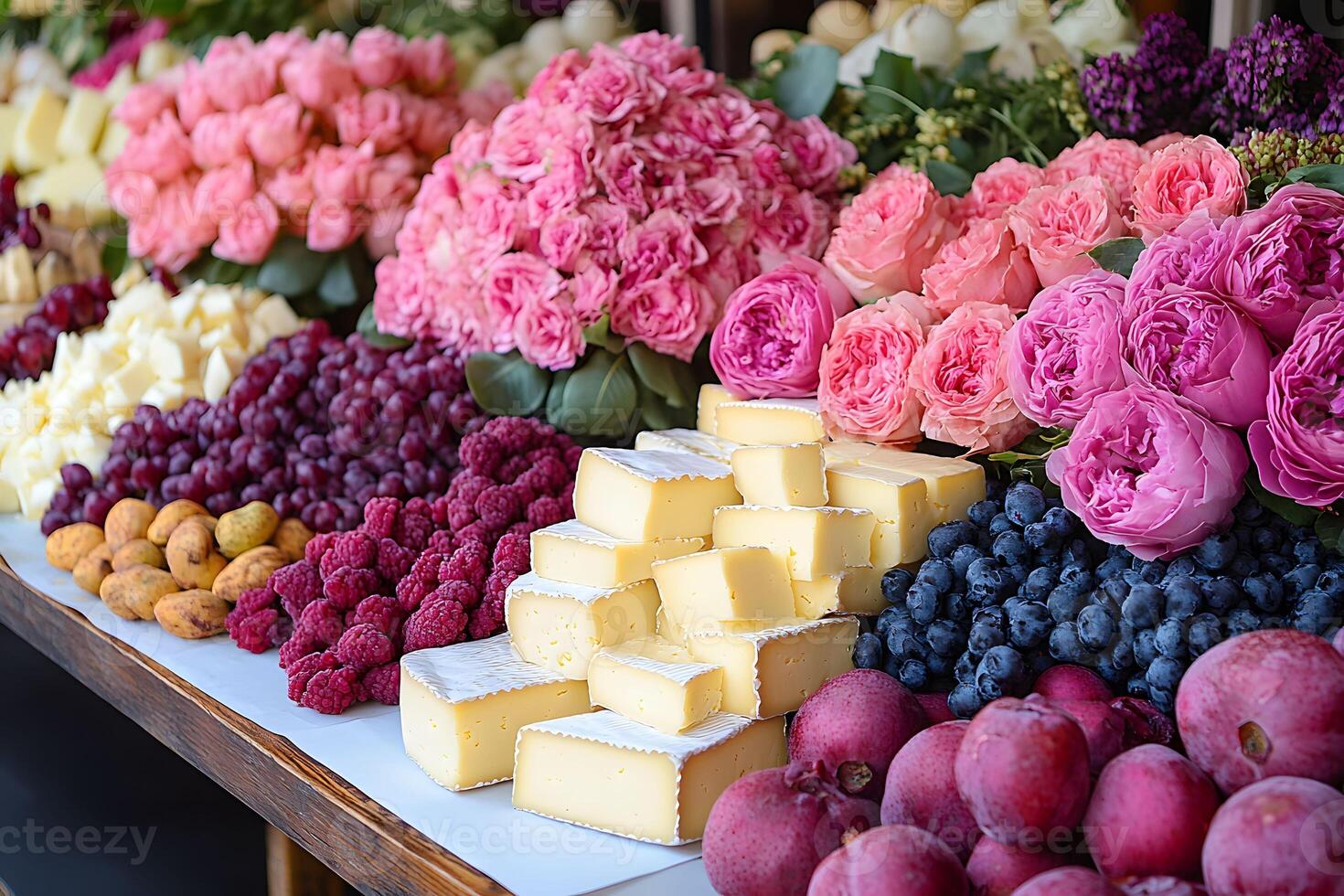 Cheese and Floral Display with Fresh Fruit Arrangement for Elegant Gatherings photo